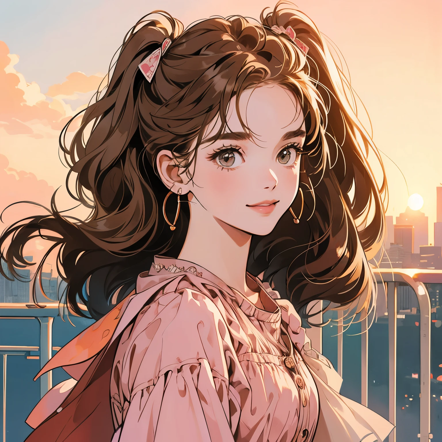 whole body、Kind Face、1 pretty woman、blouse、Pedestrian bridge、skyscraper、Sunset、Complex background、Detailed Hair、Light brown hair、Faint lighting、The wind is blowing、Twin tails、smile