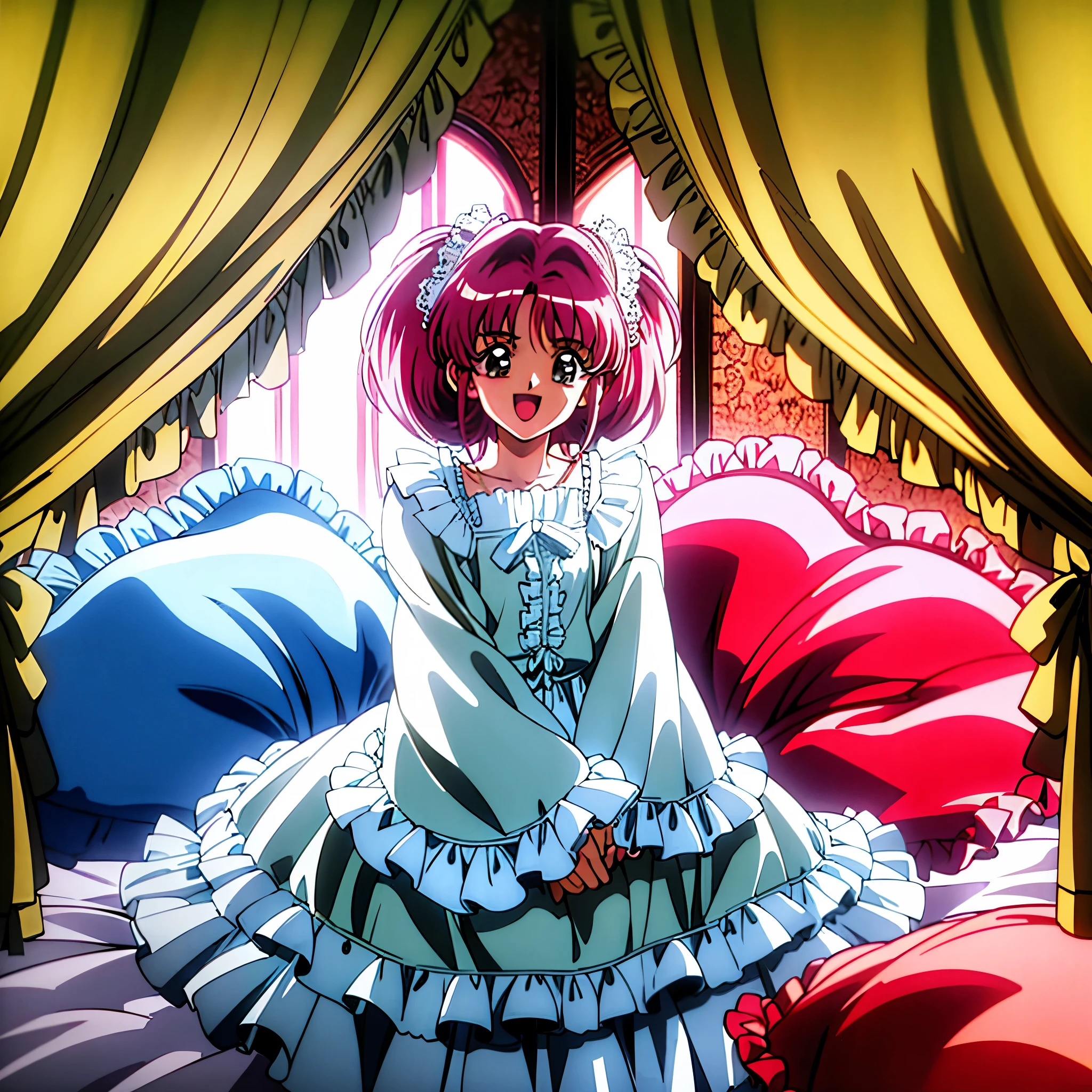 1990s style anime illustration,Happy girls fighting with pillows at pajama party。Many small feathers fluttering、Lolita style fashion with long sleeves and a long skirt nightgown with frills and ribbons。On a huge, wide canopy bed、Lots of frilly pillows and a frilly bed skirt、There are frilly curtains surrounding the bed.。detailed face。