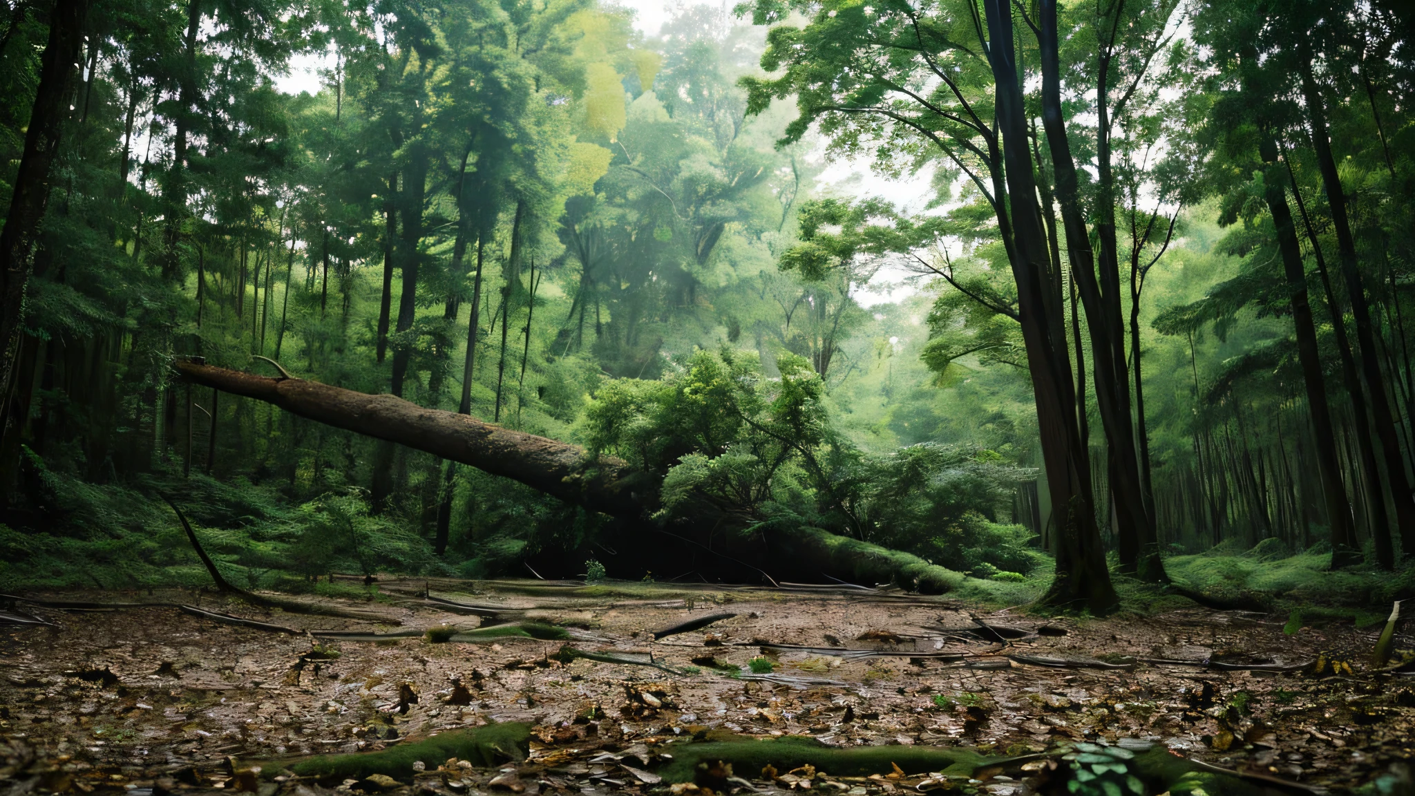 dim deep forest、Strange silence、The ruins left behind、forest、Practical、Photo quality、HD、Fallen giant tree、strange atmosphere、landscape、Horror pictures、dim、high quality、unmanned、background、abandoned places