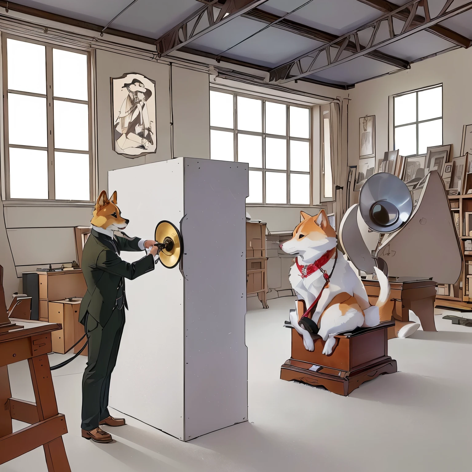 Cartoon of a man and a Shiba Inu holding a gramophone in the room, in the workshop, Inspired by Takeuchi Seihō, making art, Inspired by Max Klinger, Inspired by Chi Mansion, Furry Artist, author：Thomas Dalziel, A mouse in a gothic studio, Animation stills, Inspired by Tawaraya Sotatsu