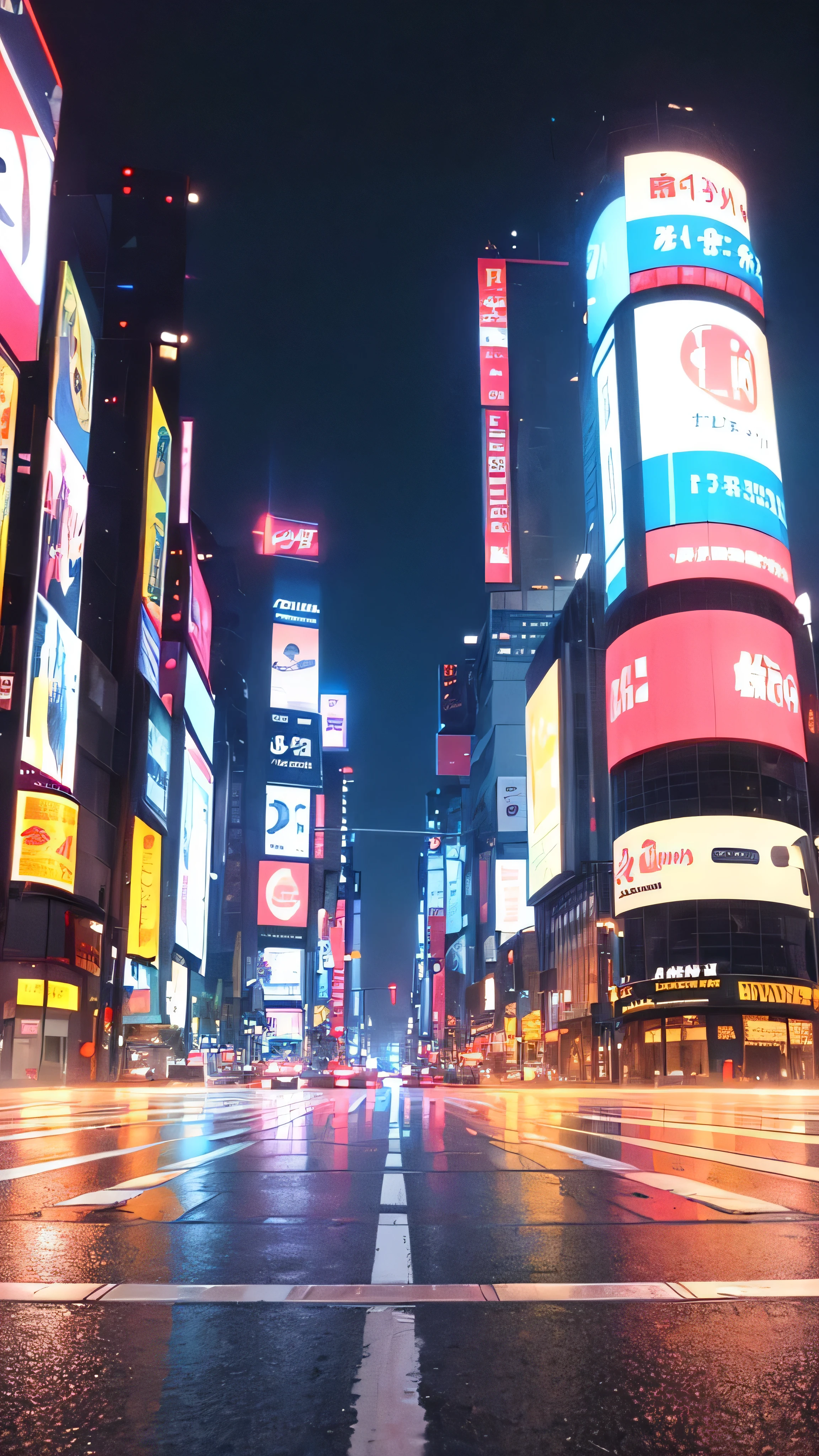 (high quality, 8k, 4K, masterpiece: 1.2, 最high quality), Shibuya crossing, empty street scene, neon signs, low shot camera angle, no people