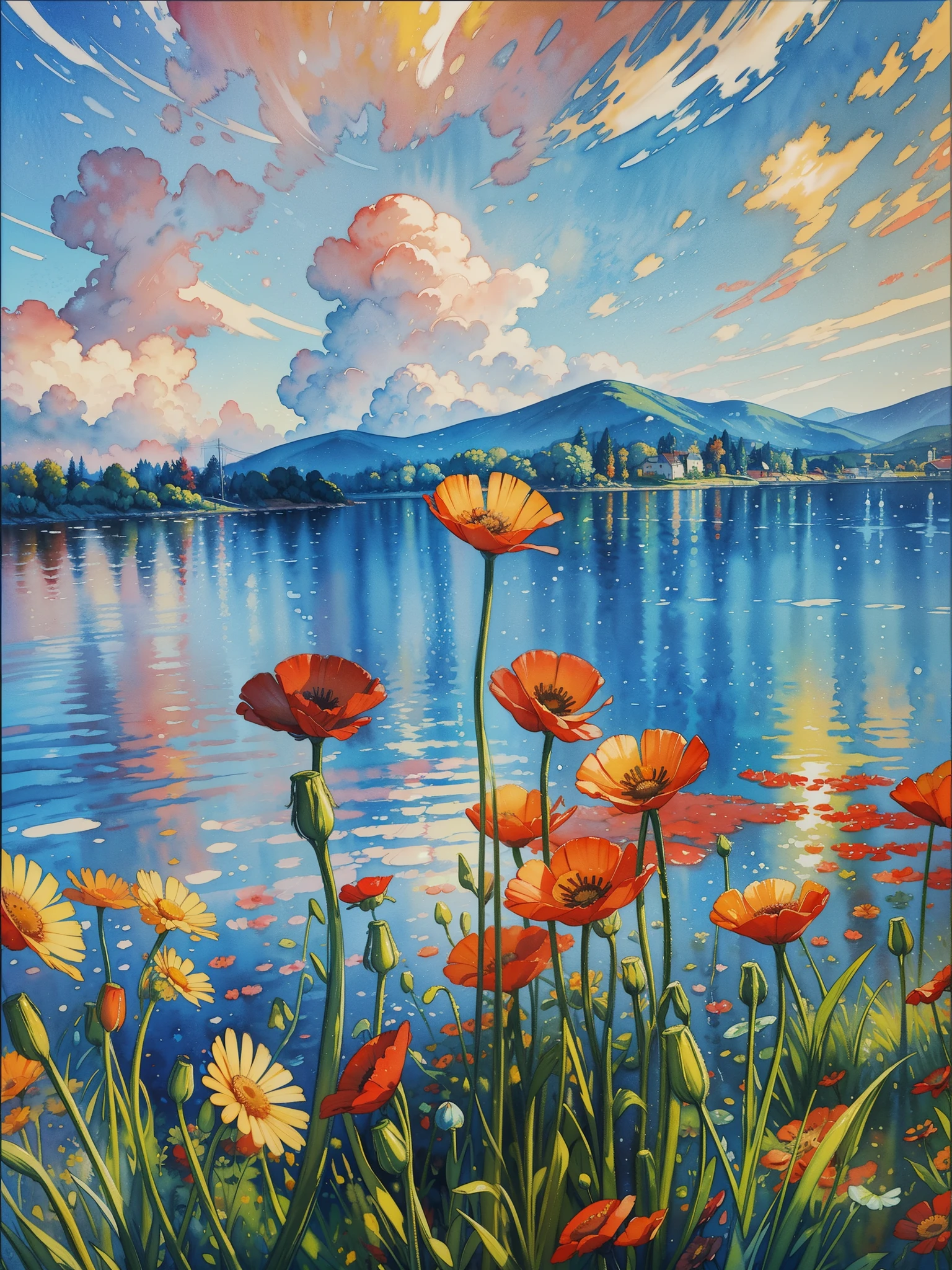 a painting of red and yellow flowers in front of a body of water, a pointillism painting, poppies, detailed watercolor painting, daisies and poppies, watercolors on canvas, romanticism landscape painting, by Anne Dunn, floral splash painting, painting on silk, highly detailed water colour 8k, highly detailed water colour 8 k, watercolor landscape, a watercolor painting