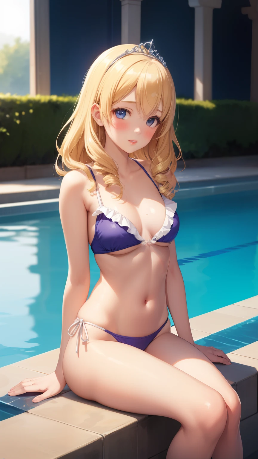 masterpiece, best quality, 1girl, very curly hair, blonde hair, shiny hair, tiara, diadem, medium breasts, glossy lips, good lighting, latifa fleuranza, pool edge, sitting, frilly swimsuit, lips parted, blush