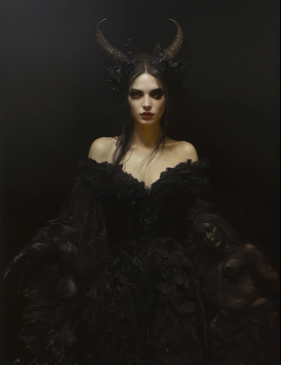 James Gurney, Surrealist art , dream-like, Mysterious, Provocative, symbolic, Complex, detailed,, (Gothic but very beautiful:1.4), (masterpiece, highest quality:1.4) , Nicola Samori Style, Devil Woman