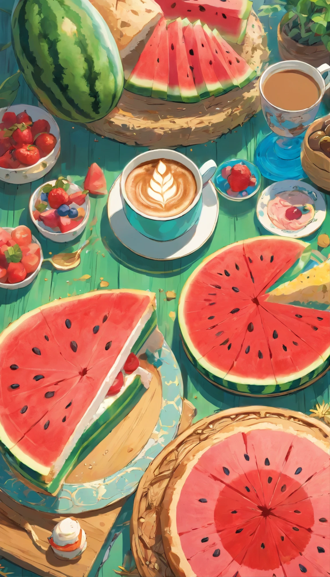 coffee,bread,cake, dessert,salad,watermelon