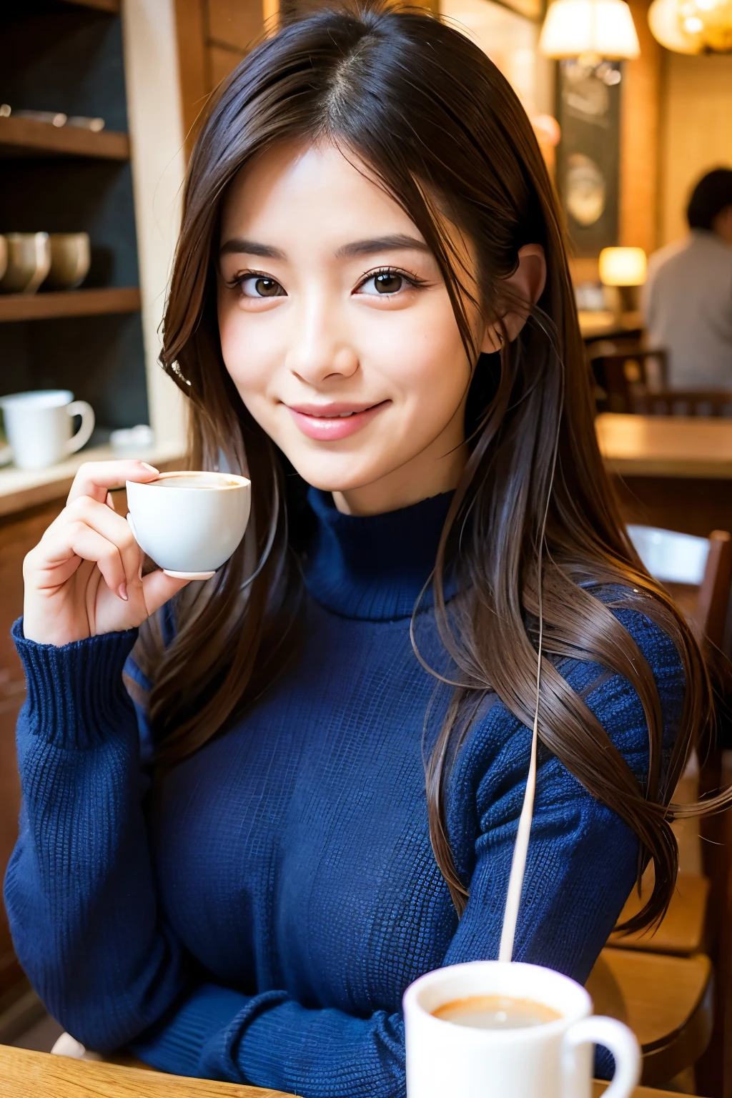 Japanese， smile,　Big Breasts,　Very beautiful face and eyes，Long Hair， knit,　Cafe,　Date