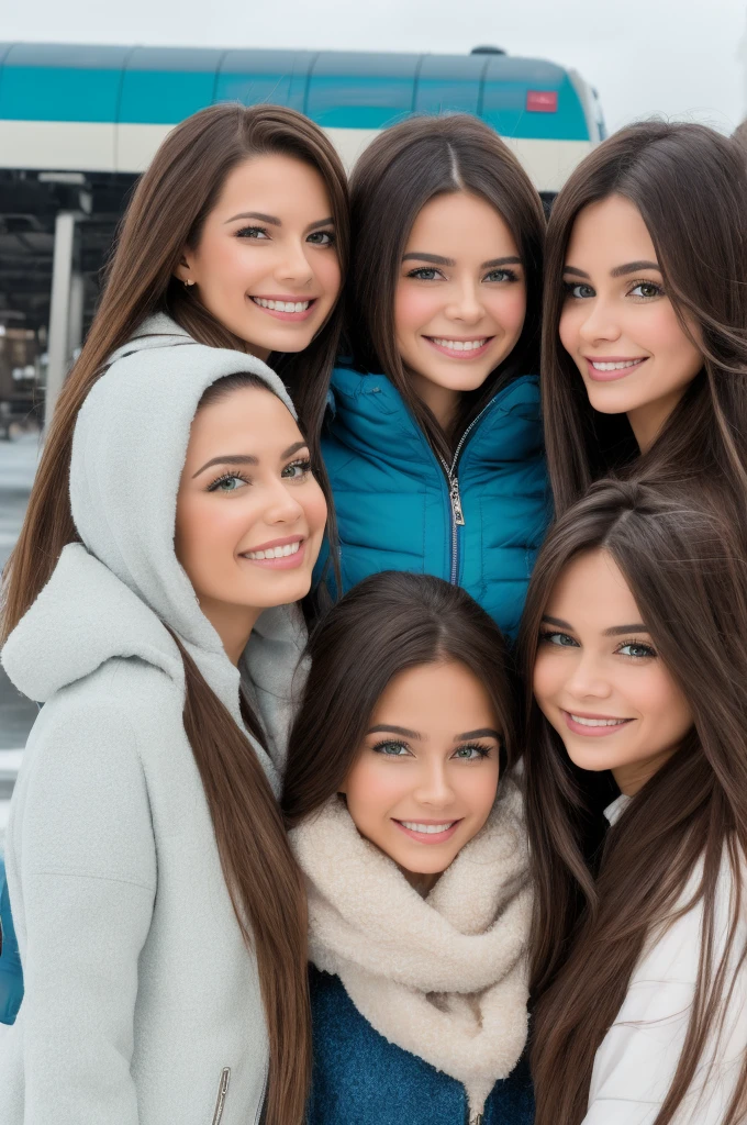 Casual photograph, best quality, 8K, hyper detailed, half body, A close up portrait of three gorgeous, beautiful, wonderful women, argentinian, peruvian and russian females together posing for the camera. Women have super long hair, argentinian girl has brown hair, peruvian girl has brunette hair, and russian girl has light brown hair. They are wearing winter outfits, They are wearing leather jackets. The three girls are wonderful, dream, ethereal, timeless, majestic beauties from Argentina, Perú and Russia, two hispanics and one slavic dream beauties who comes to the hearts. They're glad, smiling and enjoying a day at park in winter. True friendship, they pose happy for the camera. Railway station at background.
