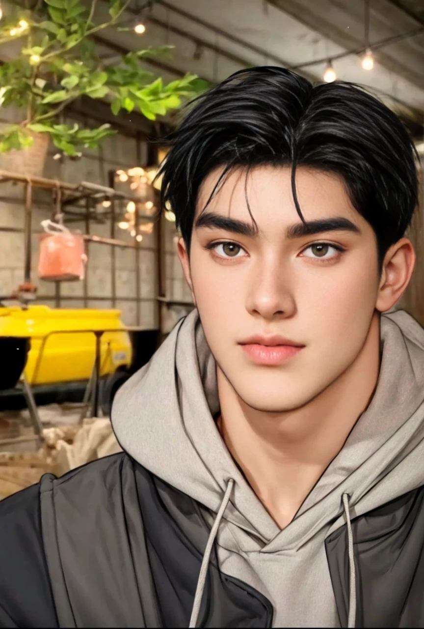 masterpiece, 1boy, young, handsome, black hair, undercut hair, perfect face, detailed eyes and face, black eyes, hoody, clean shaved, muscular, capturing a rural atmosphere, dynamic lighting
