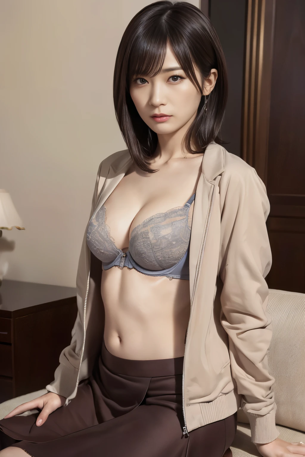 (open jacket:1.2),neckless,ring,((small breast bra:1.3)),realistic,(ultra quality:1.2),50yo japanese,high quality,masterpiece,(ultra detailed:1.4),japanese lady,beautiful eye,beautiful face,(realistic bra:1.5),((living room)),(slender:1.3),highres,make up,(skirt suit:1.2),real background,dark color