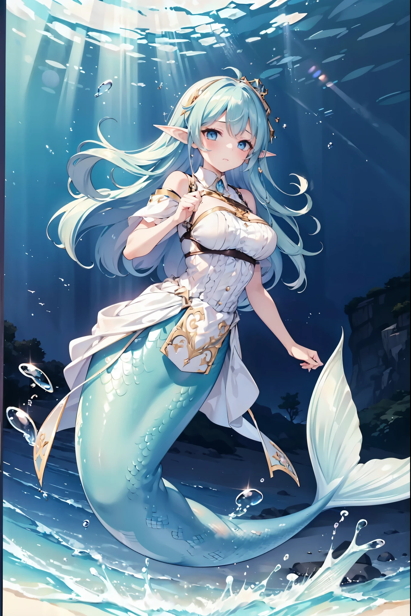 masterpiece, best quality,A girl,enchantress,solo,Blue Hair,blue eyes,Elf ears,ahoge,White Dress,Solitary,Large Breasts,Mermaid,蓝色的Mermaid尾巴,full-body shot,charming face(Kawaii, charming,Soft),seabed,Underwater,