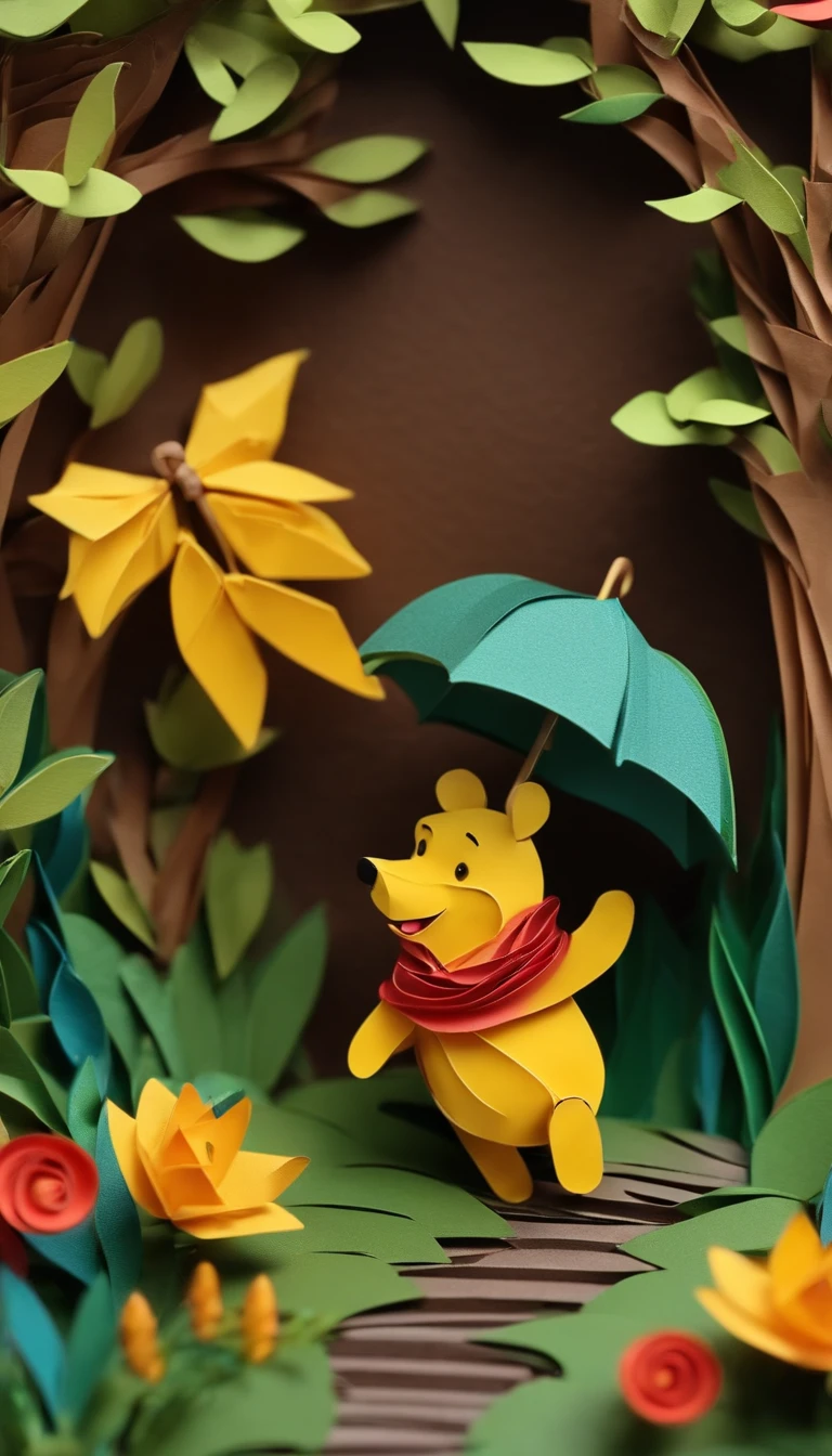 Paper quilling Winnie the Pooh in the raining forest, Winnie the Pooh is using an umbrella, Multidimensional origami stitch style illustration,Paper seam style snake, a small paper quilling bird is flying,