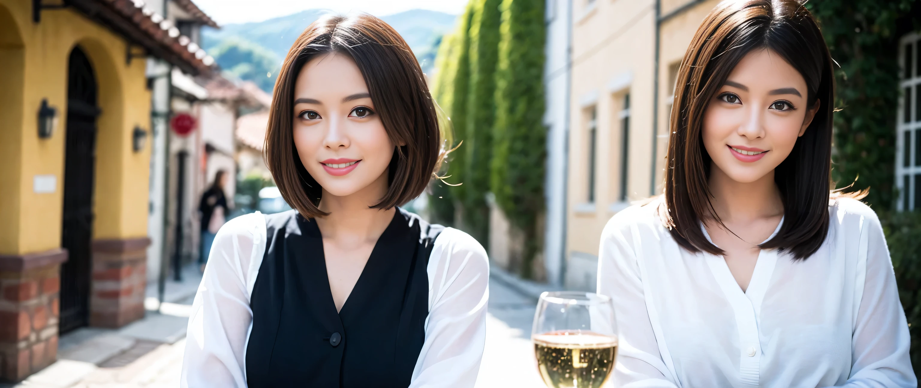 ((highest quality、8k、masterpiece:1.3))、wine 、1 male、1 female、Couple、Couple、Lovers Couple、Slim body、((Bob Hale、Straight hair:1.2)), (Realistic, Intricate details:1.2), テーブルにWine Glass、Facial lighting、 Amazing view of the sunset sky and clouds、Amazing mountain views、A bright smile、The wonderfulness of smile、Bright image、The beauty of wine, Beautiful Face, blue eyes, The light shines on your face, Blushing, short hair,Bright Face、 (Age 37), 39 years old, Red wine 、Appetizers、Italian food、Wine Bottle、Champagne、Sparkling wine、Two beauties、Brown Hair、Shortcuts、Long sleeve shirt、dress、Pretty Woman 1, (Slim face), (The body is slim), (Brown Hair), (Shortcuts), cheeks turn a little red,Attractive beauty、restaurant, In a prominent place (From the waist up) Nova Frog Style, actress, model, Upper Body, White wine, slim, Wine Glass, 真ん中に置かれたWine Glass, smile, (smile: 1.15), Beautiful fine grain, Depth f/2,saturation, High Contrast, Strong light and shadow,Moist Body:1.5、3D texture、Delicate eyes、Brown Hair、The hair is very shiny、