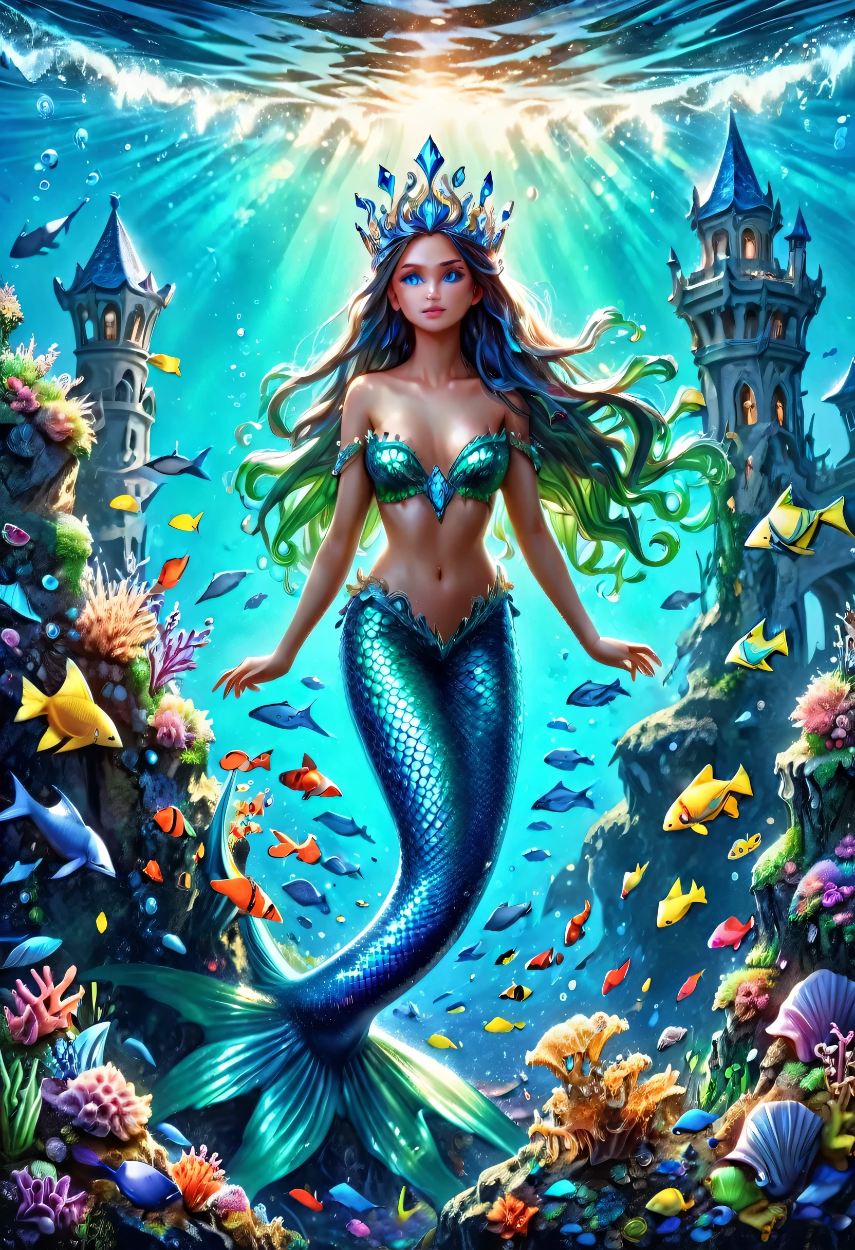 high details, best quality, 16k, ultra detailed, masterpiece, best quality, (extremely detailed), full body, ultra wide shot, RAW, photorealistic, fantasy art, dnd art, rpg art, realistic art, an ultra wide picture of a mermaid princess  under the sea (intricate details, Masterpiece, best quality: 1.4) , female mermaid, (blue: 1.3) skin, (green: 1,3) hair, long hair, swirling hair, intense eyes, small pointed ears, ((blue eyes)), ((glowing eyes)), wearing sea shell clothing, she wears a crown  studded with gems(intricate details, Masterpiece, best quality: 1.4),  beautiful mermaid, you can see rich underwater life, fish, riff, , dynamic fantasy blue beach background ((magical atmosphere)), high details, best quality, highres, ultra wide angle, ggmine