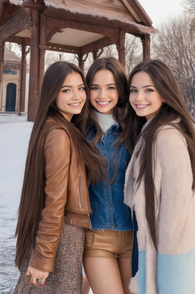 Casual photograph, best quality, 8K, hyper detailed, half body, A close up portrait of three gorgeous, beautiful, wonderful women, argentinian, peruvian and russian females together posing for the camera. Women have super long hair, argentinian girl has brown hair, peruvian girl has brunette hair, and russian girl has light brown hair. They are wearing winter outfits, They are wearing leather jackets. The three girls are wonderful, dream, ethereal, timeless, majestic beauties from Argentina, Perú and Russia, two hispanics and one slavic dream beauties who comes to the hearts. They're glad, smiling and enjoying a day at park in winter. True friendship, they pose happy for the camera. Railway station at background.