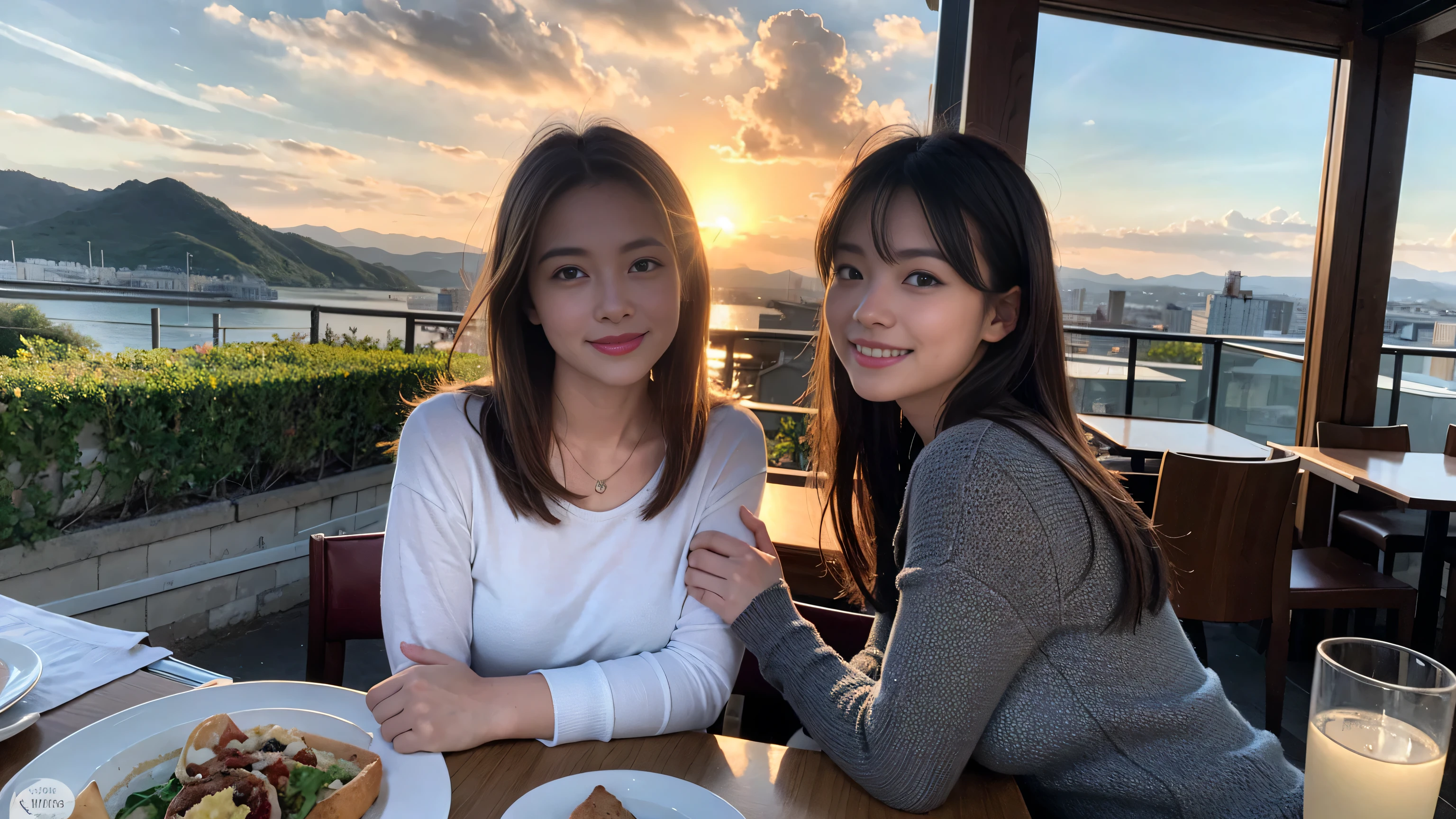 (highest quality、8k、masterpiece:1.3)、Beautiful woman with perfect figure:1.4、Dark brown hair、wine 、2 people、Knit dress、Highly detailed face and skin、Fine grain、double eyelid、Huge Mile、30th generation、Sex Appeal、テーブルにWine Glass、Facial lighting、 Amazing view of the sunset sky and clouds、Amazing mountain views、A bright smile、A lovely woman with a smile、Bright image、The beauty of wine, Beautiful Face, blue eyes, Blushing, short hair,Bright Face、Fox face、 (36 years old), 39 years old, Lady、Red wine 、Appetizers、Italian food、wine bottle、Champagne、Sparkling wine、Two beauties、Brown Hair、Shortcuts、Long sleeve shirt、dress、Pretty Woman 1, (Slim face), (The body is slim), (Brown Hair), (Shortcuts), cheeks turn a little red,Attractive beauty、, Out of the window, A beautiful and detailed night view unfolds.........., restaurant, In a prominent place (From the waist up) Nova Frog Style, actress, model, Upper Body, White wine, slim, Wine Glass, 真ん中に置かれたWine Glass, smile, (smile: 1.15), Beautiful fine grain, Depth f/2,saturation, High Contrast, Strong light and shadow,Moist Body:1.5、3D texture、Delicate eyes、Brown Hair、The hair is very shiny、