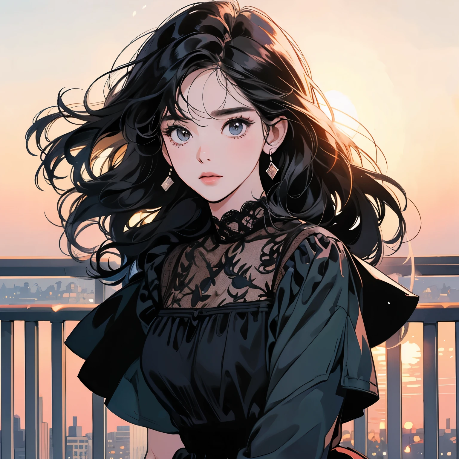 whole body、Kind Face、1 pretty woman、Black blouse、Pedestrian bridge、skyscraper、Sunset、Complex background、Detailed Hair、pale black hair、Faint lighting、The wind is blowing、Looking up from under the camera、Incitement