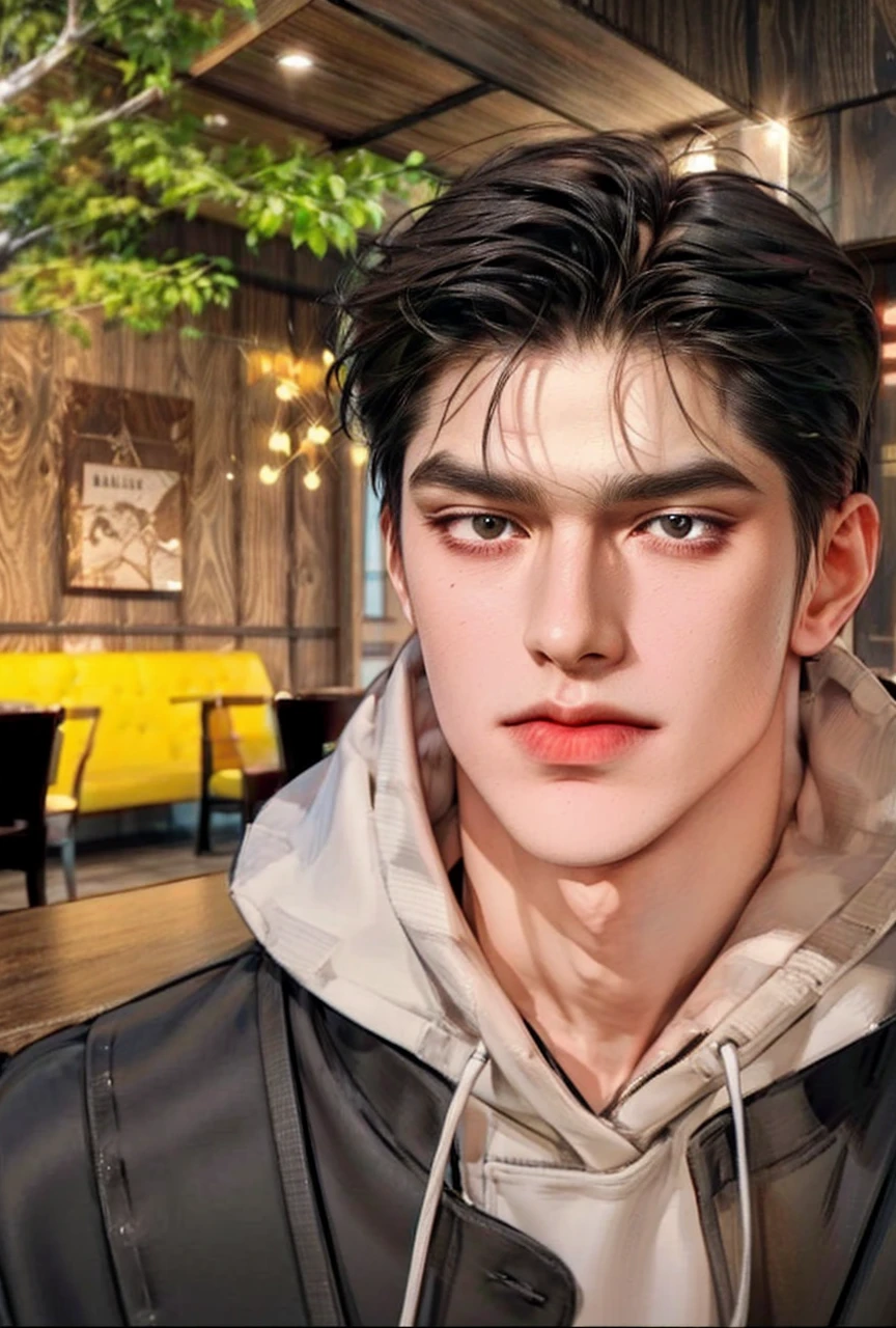 Masterpiece of man, Adult man with firm facial features like an Dutch, black eye, his nose is sharp, mature, black eyes, neat short balck hair, very handsome, white, clean, smooth skin, muscle body realistic, 