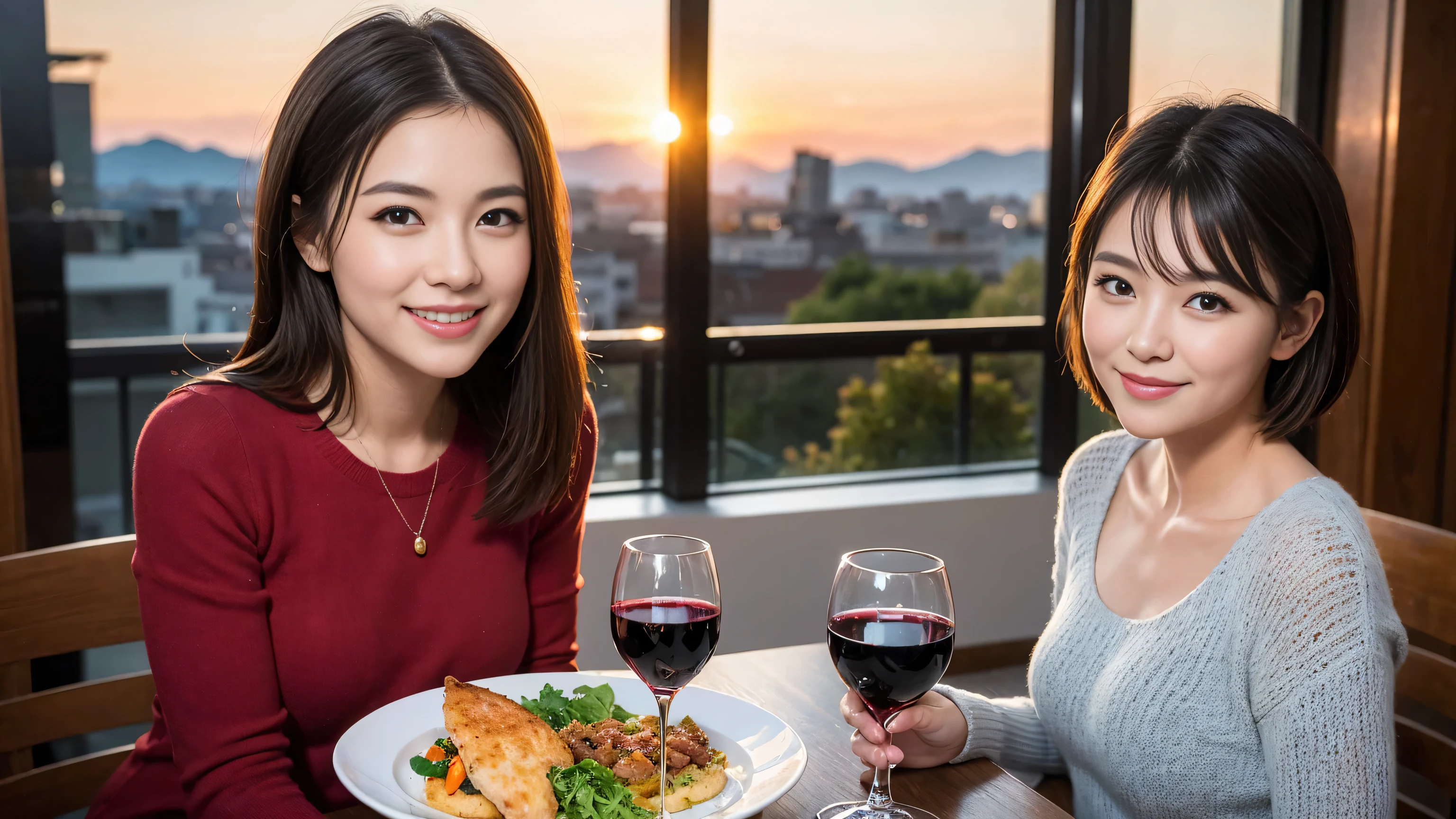 (highest quality、8k、masterpiece:1.3)、Beautiful woman with perfect figure:1.4、Dark brown hair、wine 、2 people、Knit dress、Highly detailed face and skin、Fine grain、double eyelid、Huge Mile、30th generation、Sex Appeal、テーブルにWine Glass、Facial lighting、 Amazing view of the sunset sky and clouds、Amazing mountain views、A bright smile、A lovely woman with a smile、Bright image、The beauty of wine, Beautiful Face, blue eyes, Blushing, short hair,Bright Face、Fox face、 (36 years old), 39 years old, Lady、Red wine 、Appetizers、Italian food、wine bottle、Champagne、Sparkling wine、Two beauties、Brown Hair、Shortcuts、Long sleeve shirt、dress、Pretty Woman 1, (Slim face), (The body is slim), (Brown Hair), (Shortcuts), cheeks turn a little red,Attractive beauty、, Out of the window, A beautiful and detailed night view unfolds.........., restaurant, In a prominent place (From the waist up) Nova Frog Style, actress, model, Upper Body, White wine, slim, Wine Glass, 真ん中に置かれたWine Glass, smile, (smile: 1.15), Beautiful fine grain, Depth f/2,saturation, High Contrast, Strong light and shadow,Moist Body:1.5、3D texture、Delicate eyes、Brown Hair、The hair is very shiny、