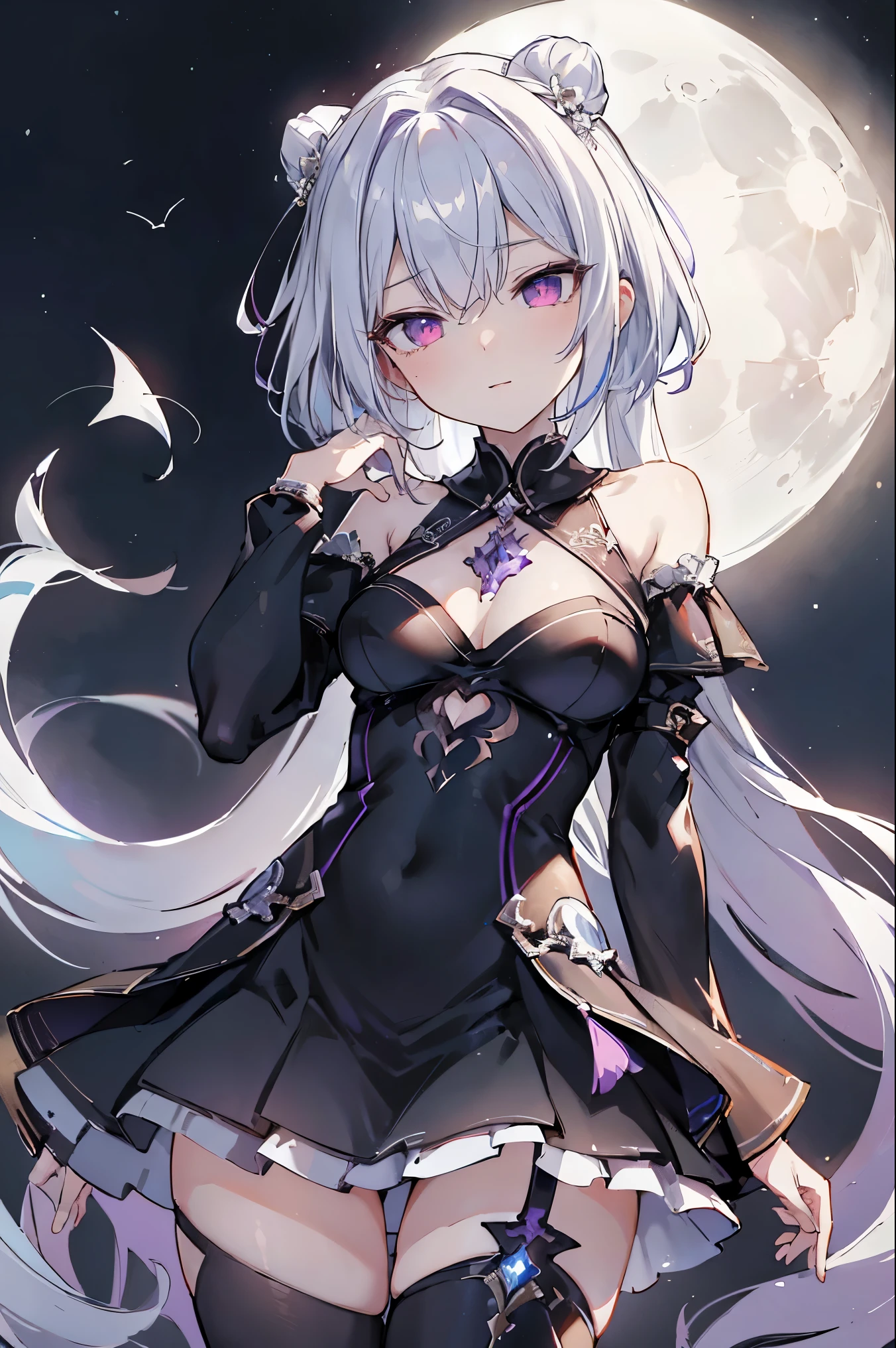1girl, anime, cute girl, blank background, white background, fantasy, detailed fantasy dress with highlights, beautiful face, beautiful eyes, dark colors, black hair with multicolor streaks, red eye with different color pupil in eye, multicolor eye, medium breasts, slight cleavage, beautiful skin, cute, breast curtains, extremely delicate and beautiful, (beautiful detailed face:1.0), (detailed deep eyes), symmetrical breasts, deep eyes, shiny skin, portrait, slender waist, hips wider than shoulders, thighs, expressionless, young girl, luminous eyes, adorable,(Kpop idol),(aegyo sal:1),(Platinum blonde hair:1),((puffy eye)),Black panty,sexy posture,Superskirt, Ultra-high resolution,Black collar,slim figure, Abdominal y tattoo, womb tattoo,Tight-fitting leg ring,y tattoo on half-body,Bare skin, Armored hand,Hidden fingertips,Hand covered,Arm covered,Fist covered,{{beautiful detailed fingers}}, tufts of hair, moderate beautiful breast:1.0,(masterpiece:1.2), best quality, high-res, HDR, perfect face, intricate armor, delicate blue filigree, intricate filigree, red metalic parts, detailed part, dynamic pose, dynamic lights, cute face, neutral expression, shuimobysim, lotus, hanfu, maxi skirt, dress conservatively 1girl, solo, long blue hair, standing, One lady,14years,((White hair) ,(Shiny purple bodysuit with microskirt),((Fantasy, Moon Night)), gradient_eyes,