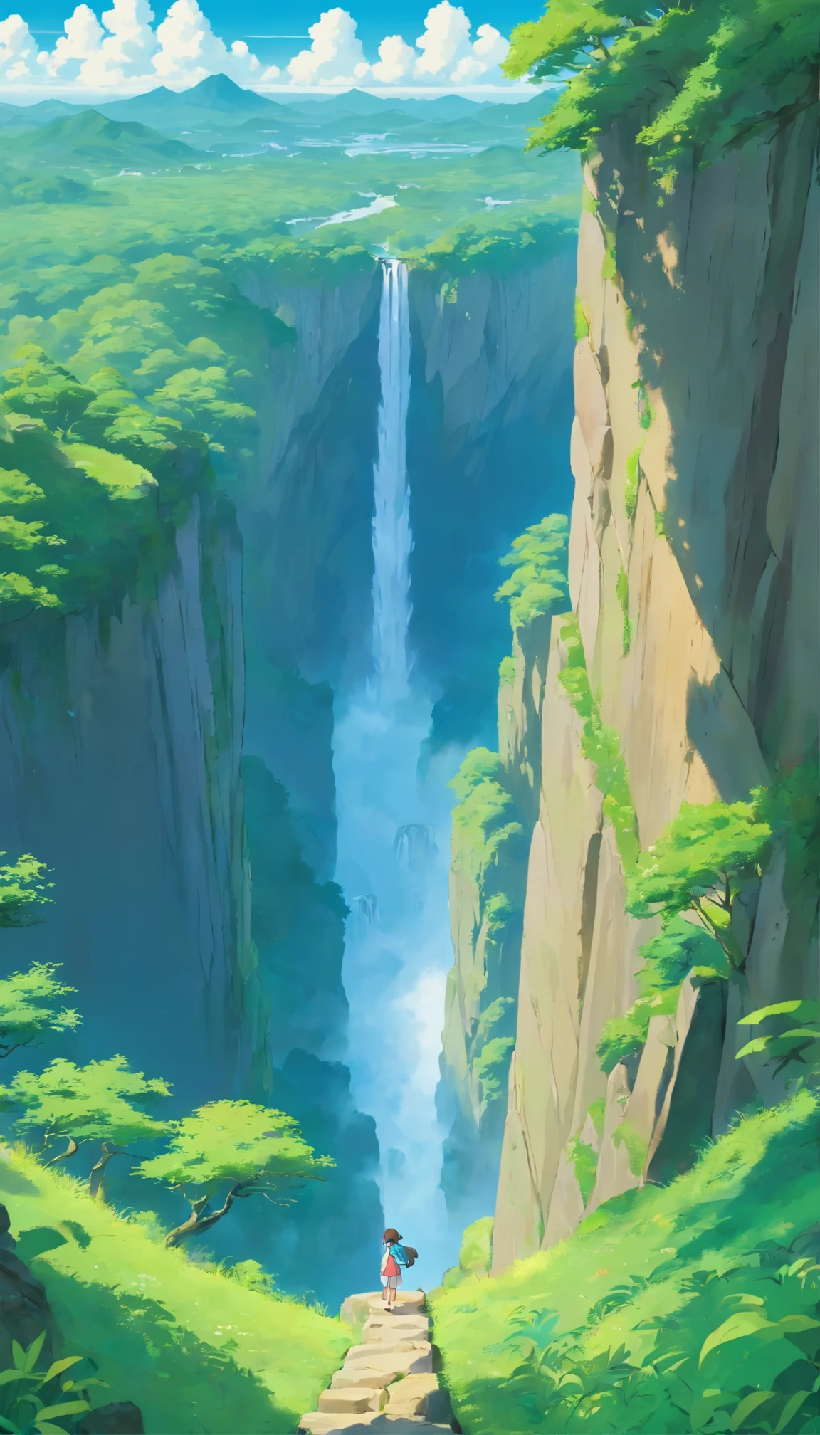 A fascinating masterpiece、Showcasing the highest quality and high resolution、Highly detailed CG created as Unity 8K wallpaper。This scene is set outdoors during the day, teeming with life.、It features a quiet sky covered with mysterious clouds.、I can't see anyone。A towering mountain covered in lush greenery and jagged cliffs々dominates the landscape、Rivers and tranquil lakes interweave the scene。In the blue sky、A veil of mist from the waterfall dots the、It flows down a rocky cliff。wood々Swaying gently、Adds rhythm to nature。