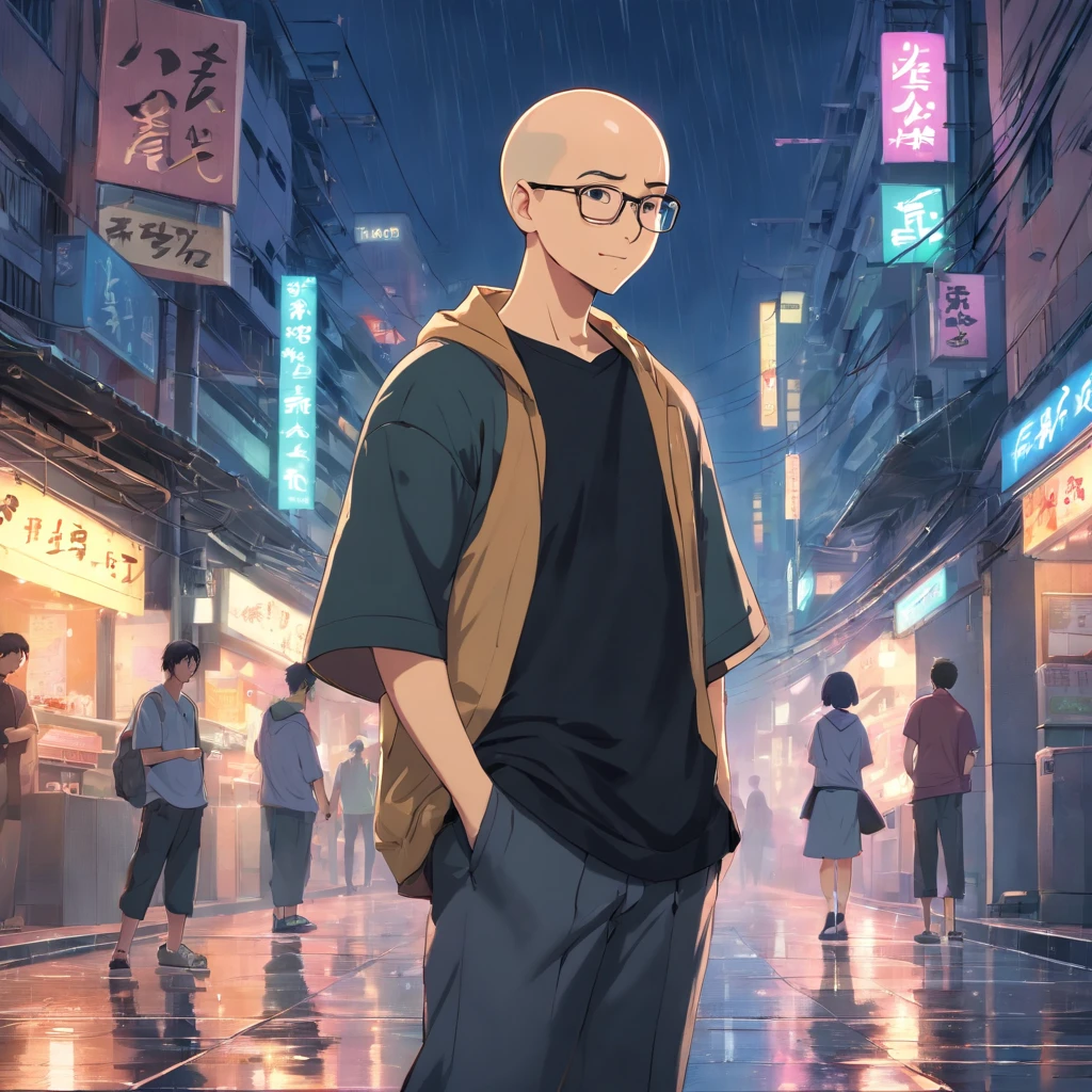 A fat indonesian young man, bald head, with a clear face and square clear-framed glasses, wearing a black oversized t-shirt, black trousers and black Vans shoes. He is smiling and stands between buildings during a night rain and dramatic lighting, with a stunning Cyberpunk graphic render.
