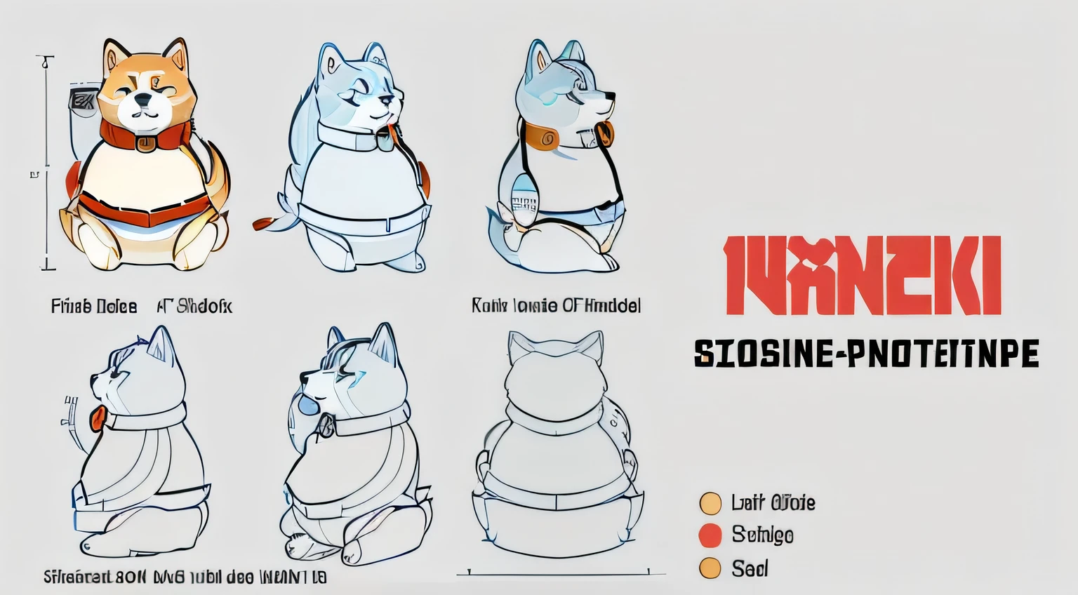 Cartoon close-up of a Shiba Inu,It poses in different ways, luxuriousie, luxuriousy, luxurious mascot, Reference table, Model Table, Concept Table, fumo luxurious, luxurious, character Reference table, characters Reference table, Character Design Sheet, Official character illustrations, concept character sheet, high quality Model Table, Heavy Line Drawing, Detailed character design, reference Model Table