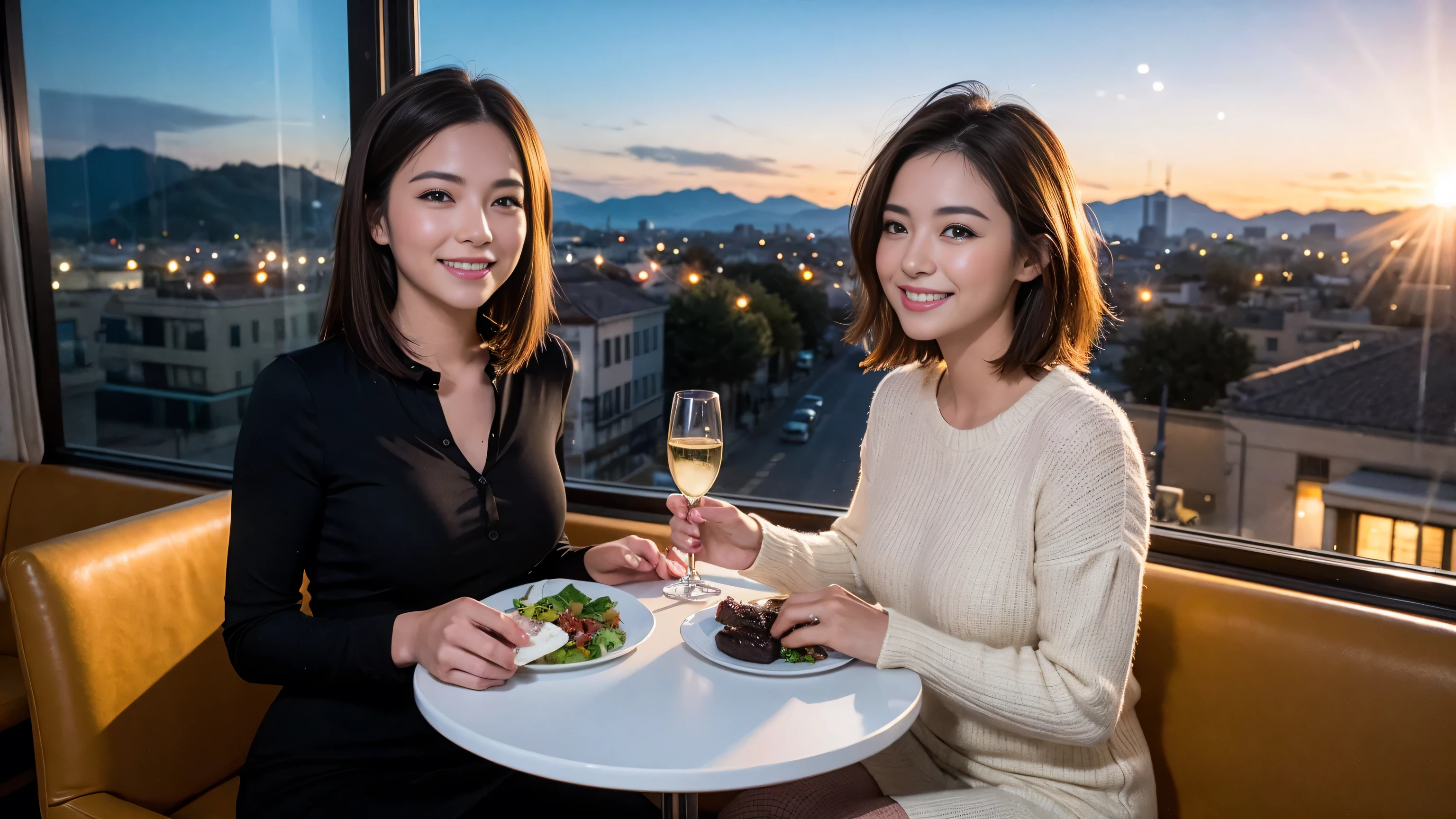 (highest quality、8k、masterpiece:1.3)、Beautiful woman with perfect figure:1.4、Dark brown hair、wine 、2 people、Knit dress、Highly detailed face and skin、fine grain、double eyelid、テーブルにWine Glass、Facial Lighting、 Amazing view of the sunset sky and clouds、Amazing mountain views、Laugh brightly、Smiling lovely woman、Bright image、The beauty of wine, Beautiful Face, blue eyes, Blushing, short hair,Bright Face、 (36 years old), 39 years old, Lady、Red wine 、Appetizers、Italian food、Wine Bottle、Champagne、Sparkling wine、Two beauties、Brown Hair、Shortcuts、Long sleeve shirt、dress、Pretty Woman 1, (Slim face), (The body is slim), (Brown Hair), (Shortcuts), cheeks turn a little red,Attractive beauty、, Out of the window, A beautiful and detailed night view unfolds.........., restaurant, In a prominent place (From the waist up) Nova Frog Style, actress, model, Upper Body, White wine, slim, Wine Glass,