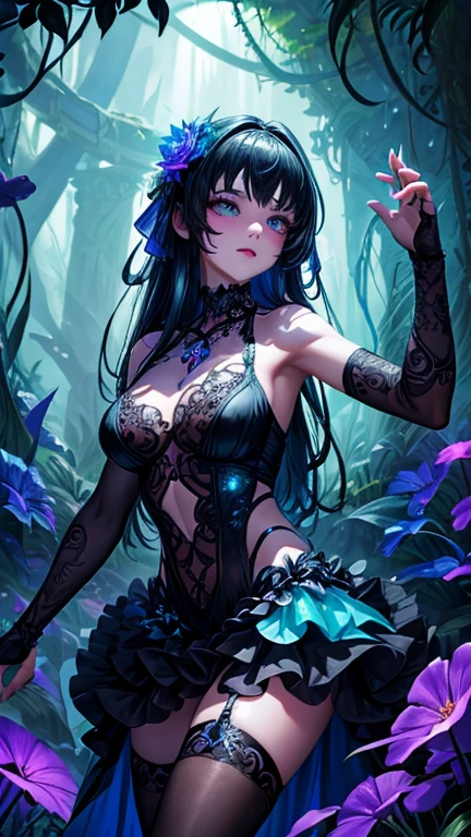 a gothic psychedelic ballerina dancing in a colorful jungle, hands behind body, beautiful detailed eyes,beautiful detailed lips,extremely detailed eyes and face,longeyelashes,1girl,oil painting,vivid colors,surreal,dreamlike,high contrast,dramatic lighting,neon colors,glowing mushrooms,glowing flowers,glowing vines,magical forest,fantasy,whimsical,psychedelic,bioluminescent,best quality,4k,8k,highres,masterpiece:1.2,ultra-detailed,realistic,photorealistic,photo-realistic:1.37 hands behind body, masterpiece, extremely detailed hands, superb hands, dark lightening, dark vibes, dark makeup