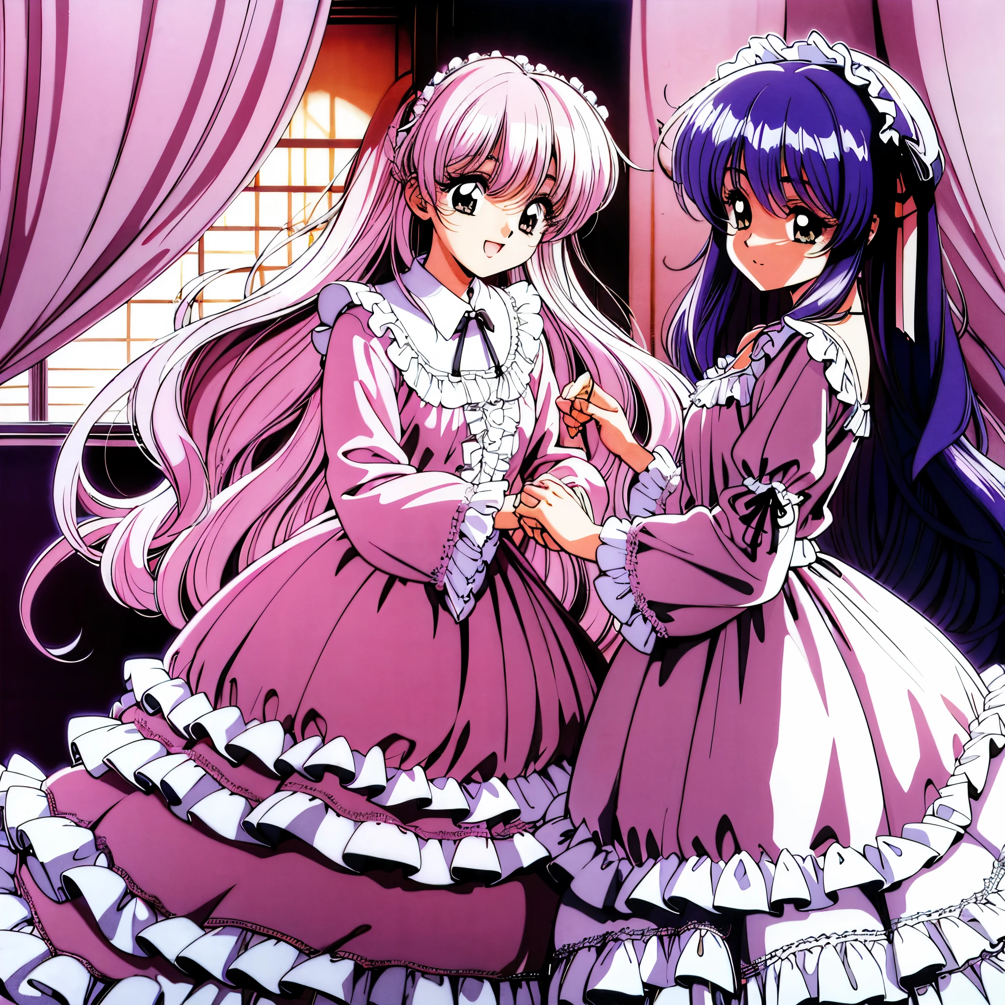 1990s style anime illustration,Happy girls fighting with pillows at pajama party。Many small feathers fluttering、ta style fashion with long sleeves and a long skirt nightgown with frills and ribbons。On a huge, wide canopy bed、Lots of frilly pillows and a frilly bed skirt,Shiny silk satin pillows and bed sheets,There are frilly curtains surrounding the bed.。detailed face。