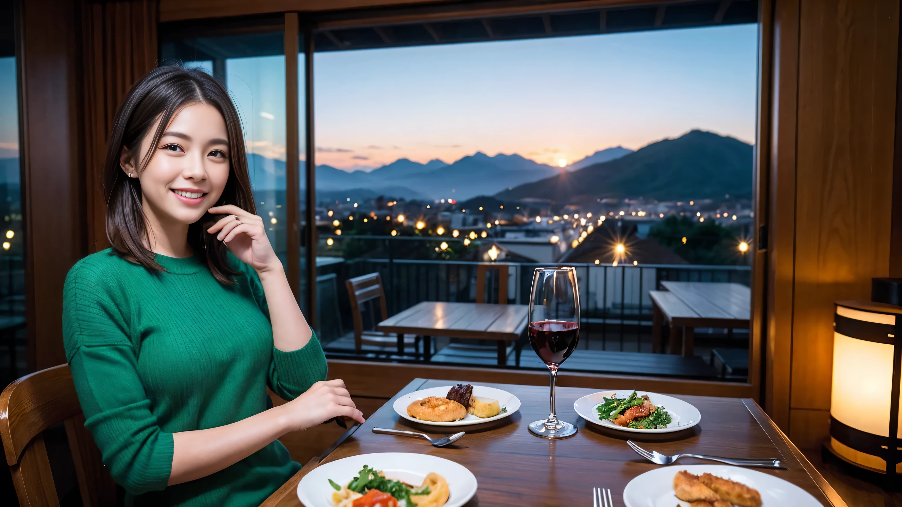 (highest quality、8k、masterpiece:1.3)、Beautiful woman with perfect figure:1.4、Dark brown hair、wine  、2 people、Knit dress、Highly detailed face and skin、fine grain、double eyelid、テーブルにWine Glass、Facial Lighting、 Amazing view of the sunset sky and clouds、Amazing mountain views、Laugh brightly、Smiling lovely woman、Bright image、The beauty of wine, Beautiful Face, blue eyes, Blushing, short hair,Bright Face、 (36 years old), 39 years old, Lady、Red wine 、Appetizers、Italian food、Wine Bottle、Champagne、Sparkling wine、Two beauties、Brown Hair、Shortcuts、Long sleeve shirt、dress、Pretty Woman 1, (Slim face), (The body is slim), (Brown Hair), (Shortcuts), cheeks turn a little red,Attractive beauty、, Out of the window, A beautiful and detailed night view unfolds.........., restaurant, In a prominent place (From the waist up) Nova Frog Style, actress, model, Upper Body, White wine, slim, Wine Glass, 