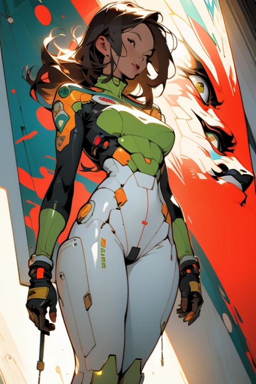 ((Best quality)), ((masterpiece)), (detailed: 1.4), (Absurd), (((full body)), (((woman))), 35-year-old woman, Beautiful thin woman, massive breasts,giant robot pilot, wild with perfect fit body, wearing little clothing, tiny thong, clothing with Japanese graphic patterns, halftone pattern and vertical stripes, yellow gold, coming out of the body of a giant robot, thigh gap