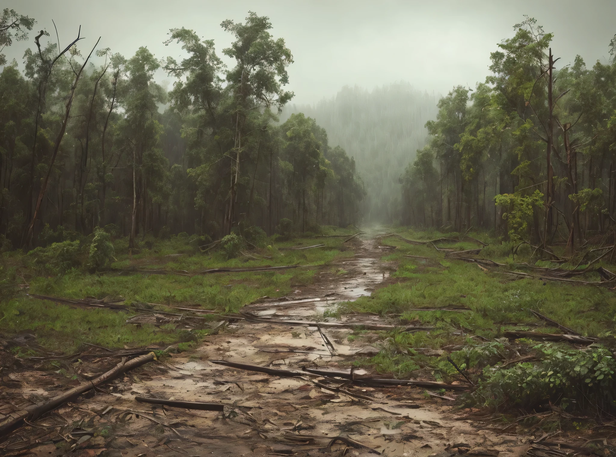 Doomsday Landscape Photorealism，Horror pictures、dim、high quality、unmanned、background、Abandoned forest，dim、best quality, high quality,There is heavy rainfall,Surrounded by vines