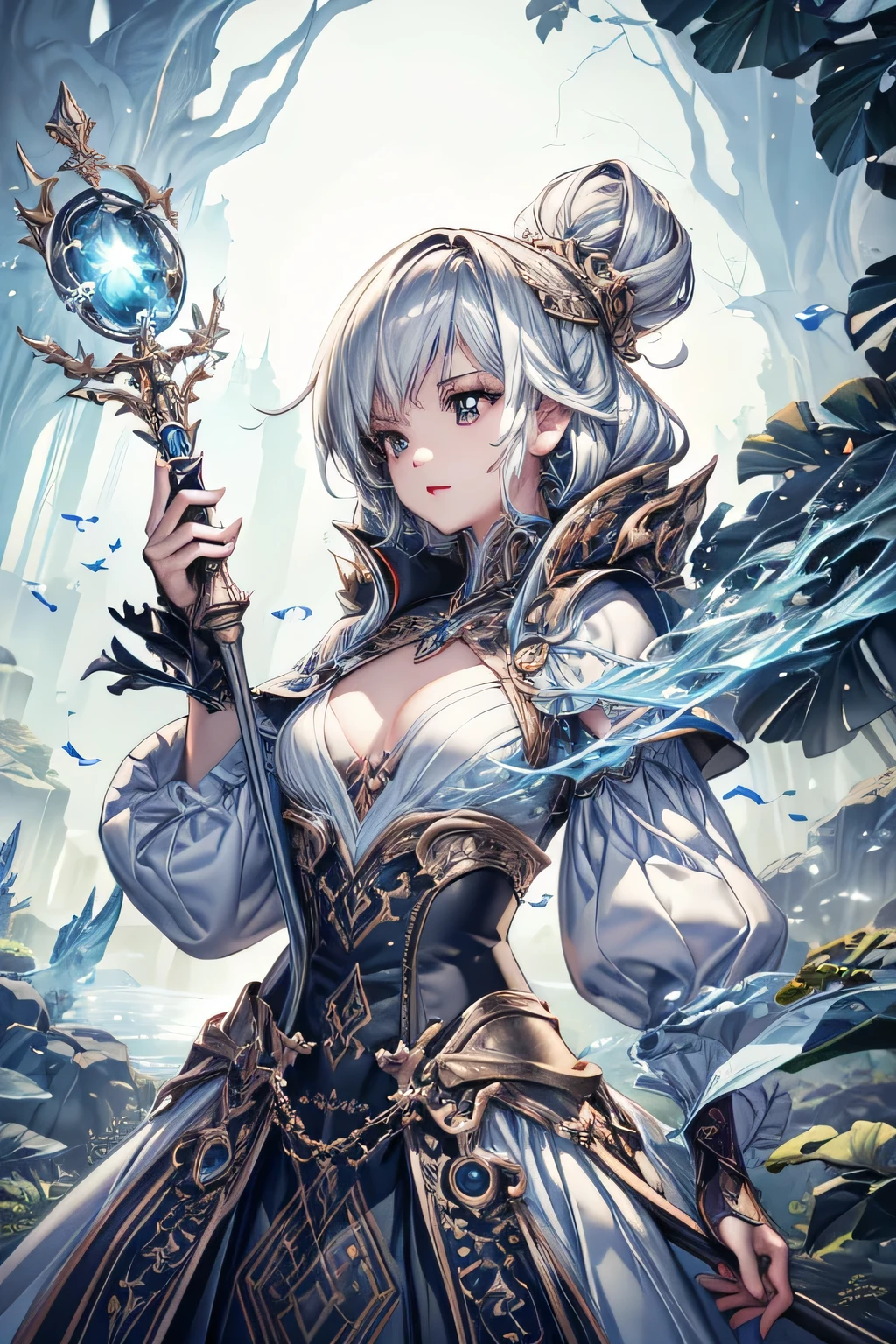 1girl, high detailed mage, holding magic staff, casting spells, white hair, standing on a tranquil lake, fantasy landscape, dramatic lighting, cinematic composition, intricate details, photorealistic, 8k, (best quality,4k,8k,highres,masterpiece:1.2),ultra-detailed,(realistic,photorealistic,photo-realistic:1.37),HDR,UHD,studio lighting,ultra-fine painting,sharp focus,physically-based rendering,extreme detail description,professional,vivid colors