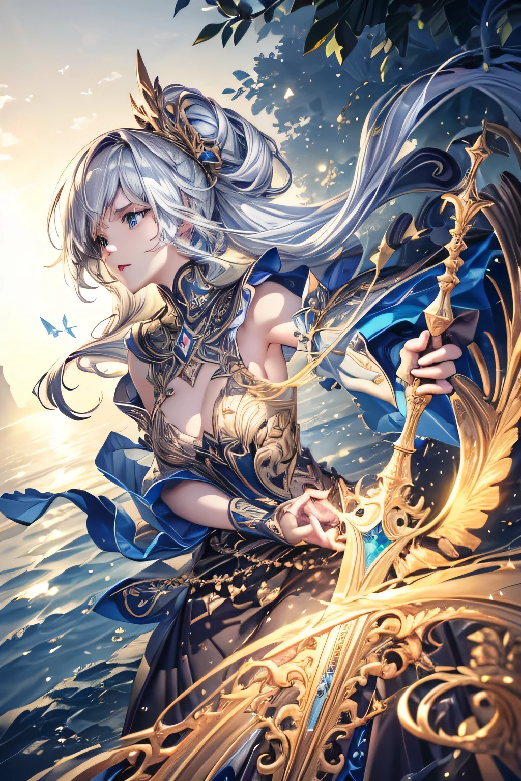 1girl, high detailed mage, holding magic staff, casting spells, white hair, standing on a tranquil lake, fantasy landscape, dramatic lighting, cinematic composition, intricate details, photorealistic, 8k, (best quality,4k,8k,highres,masterpiece:1.2),ultra-detailed,(realistic,photorealistic,photo-realistic:1.37),HDR,UHD,studio lighting,ultra-fine painting,sharp focus,physically-based rendering,extreme detail description,professional,vivid colors