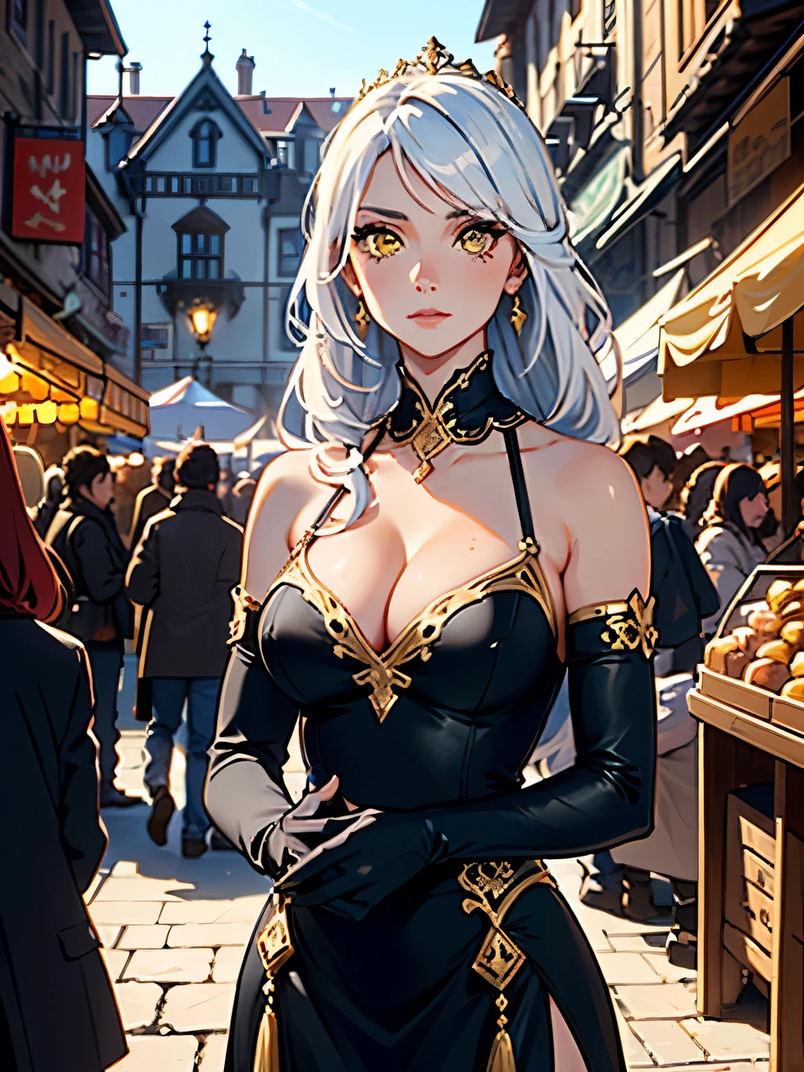  masterpiece, high quality, illustration, extremely detailed, cg unity 8k, 1_women, (upper body), (Caucasian skin_complexion:1.4),mature, statuesque, tall, beautiful, exotic, facing_away, ((eyes_looking_away) from viewer), (arms crossed), large breasts, amazed look, pleased expressed, nsfw, chest window, ((cleavage)), and halter dress, black ((diaphanous sparkling dress)) with gold trim, crown, black knee_high boots, ((white embroidery elbow gloves)), long white hair, realistic and detailed face having (yellow eyes), ((dark_eyeliner)), long_eyelashes), medieval market place, in market place, stone statues, crowds of people,