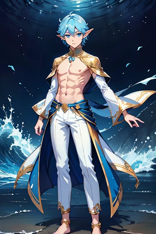 （Exquisite boy 2.1），（Elf ears，2.1）The blue Tang suit has a wave pattern on the upper body，Navel，Blue 3-point pants，No shoes，With pearl anklet，Normal eyes，（Hair Bunch，1.5）Look at people，4K quality，Anime filters，2D Tasks，Standing on the endless blue sea