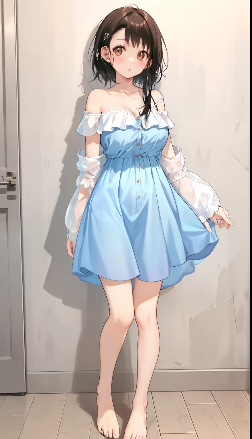 One Girl、positive、Standing posture、Full body portrait、Black Hair、Medium Haircut、blush、Absolute area、No panties、No bra、barefoot、Light blue dress、Off-the-shoulder dress、（Very large breasts）、Cleavage、((Lesbians around the world))、masterpiece、（highest quality）、barefoot、White Sandals 、Shirt buttons fly off、Unbutton your shirt、Exposing the breasts、