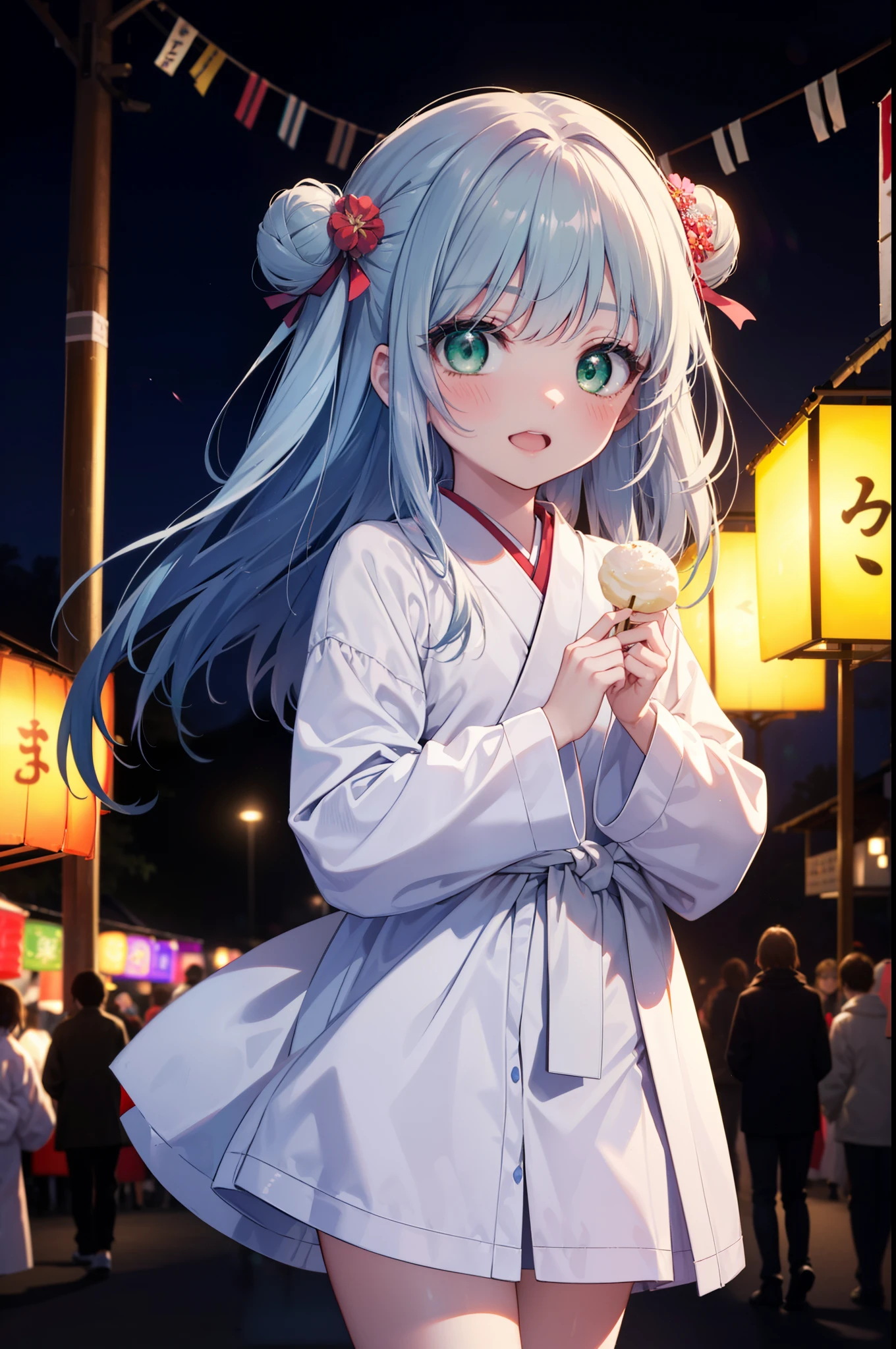 index, index, (Green Eyes:1.5), Blue Hair, Long Hair, (Flat Chest:1.2),smile,blush,Happy atmosphere,Open your mouth,Long Hair,Hair Bun, double  Hair Bun,White bathrobe,Long sleeve,mini skirt,Sandals,night空の花火,Fireworks display,Japanese Festivals,Summer festival food stalls,Red Lantern, night,whole bodyがイラストに入るように,Looking down from above,He is holding cotton candy in his right hand,
break outdoors, shrine,                                              break looking at viewer,whole body,(Cowboy Shot:1. 5)
break (masterpiece:1.2), highest quality, High resolution, unity 8k wallpaper, (shape:0.8), (Beautiful and beautiful eyes:1.6), Highly detailed face, Perfect lighting, Extremely detailed CG, (Perfect hands, Perfect Anatomy),