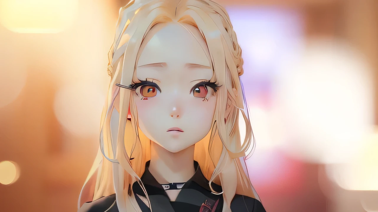 Anime girl with long blonde hair and red eyes in a black shirt, Cute girl anime visuals, Close-up of a young anime girl, Young woman anime visual, haruno sakura, Anime Best Girl, In anime movies, Junko Enoshima, She has a pretty, expressive face, Her eyes have black anime pupils, Anime girl in a black dress