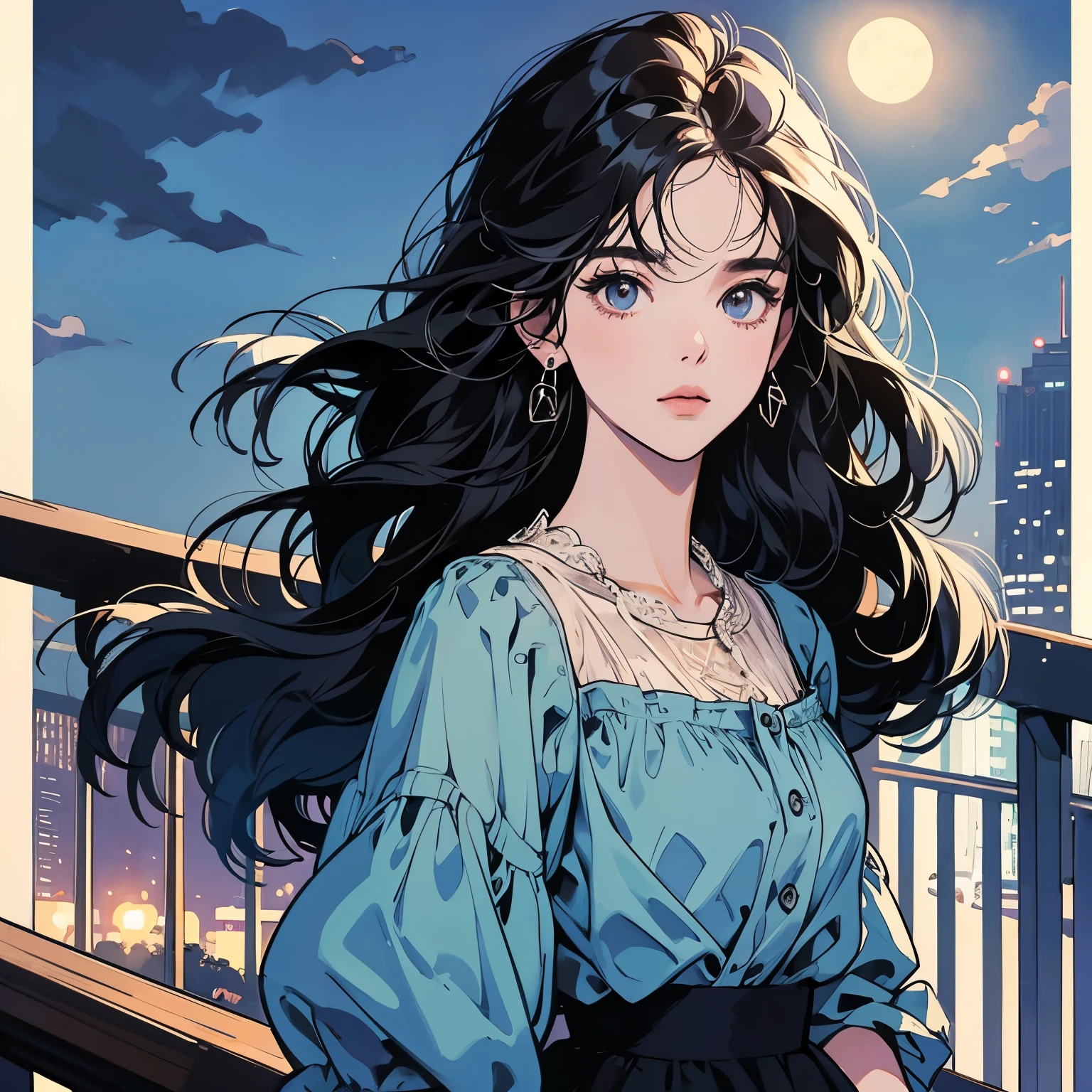 whole body、Kind Face、1 pretty woman、Blue blouse、Pedestrian bridge、skyscraper、night、moonlight、Complex background、Detailed Hair、pale black hair、Faint lighting、The wind is blowing