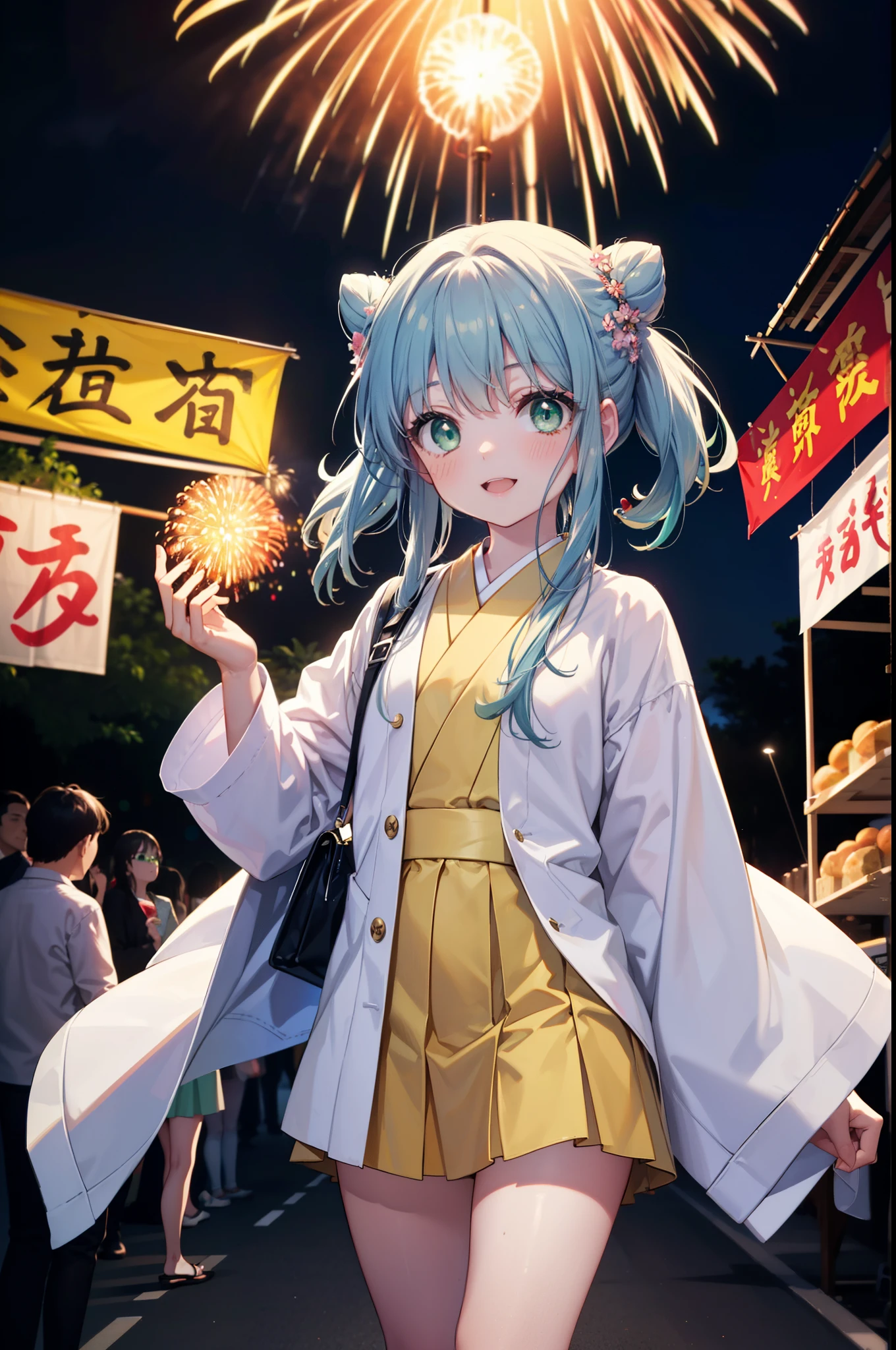 index, index, (Green Eyes:1.5), Blue Hair, Long Hair, (Flat Chest:1.2),smile,blush,Happy atmosphere,Open your mouth,Long Hair,Hair Bun, double  Hair Bun,White bathrobe,Long sleeve,mini skirt,Sandals,night空の花火,Fireworks display,Japanese Festivals,Summer festival food stalls,Red Lantern, night,whole bodyがイラストに入るように,Looking down from above,He is holding cotton candy in his right hand,
break outdoors, shrine,                                              break looking at viewer,whole body,(Cowboy Shot:1. 5)
break (masterpiece:1.2), highest quality, High resolution, unity 8k wallpaper, (shape:0.8), (Beautiful and beautiful eyes:1.6), Highly detailed face, Perfect lighting, Extremely detailed CG, (Perfect hands, Perfect Anatomy),