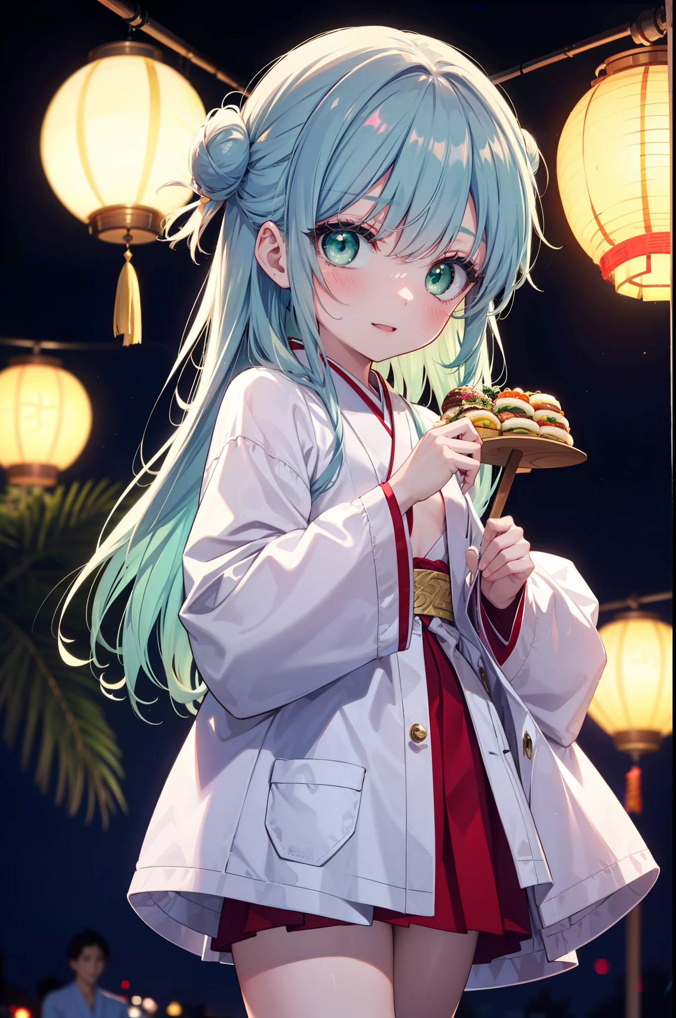 index, index, (Green Eyes:1.5), Blue Hair, Long Hair, (Flat Chest:1.2),smile,blush,Happy atmosphere,Open your mouth,Long Hair,Hair Bun, double Hair Bun,White bathrobe,Long sleeve,mini skirt,Sandals,night空の花火,Fireworks display,Japanese Festivals,Summer festival food stalls,Red Lantern, night,whole bodyがイラストに入るように,Looking down from above,He is holding cotton candy in his right hand,
break outdoors, shrine, break looking at viewer,whole body,(Cowboy Shot:1. 5)
break (masterpiece:1.2), highest quality, High resolution, unity 8k wallpaper, (shape:0.8), (Beautiful and beautiful eyes:1.6), Highly detailed face, Perfect lighting, Extremely detailed CG, (Perfect hands, Perfect Anatomy),