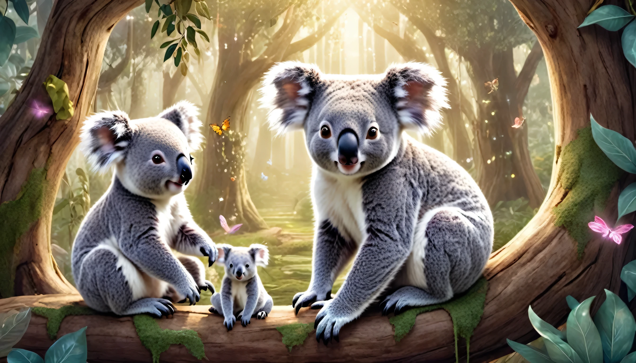 "Imagine a fantastical world where cuddly and kind koalas roam among the mystical eucalyptus trees! Generate a scene filled with magic and wonder, where the koala encounters fantastical creatures like friendly unicorns and mischievous fairies. Let the eucalyptus forest come alive with sparkling fairy lights, shimmering waterfalls, and colorful flowers that only bloom in dreams. Ensure the koala has a magical aura, with twinkling eyes and a gentle demeanor that will enchant kids and spark their imagination!"