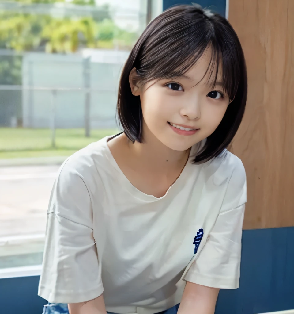 Best image quality、highest quality、masterpiece、Ultra-high resolution、8k、immature、Realistic:1.4、Professional Lighting、Cute school girl、Baby Face、Very short hair、thin、Moderate size chest cup bust、smile、Me in a tight white T-shirt、Wearing navy blue training pants、Standing in a large gym:1.6、Full body photo