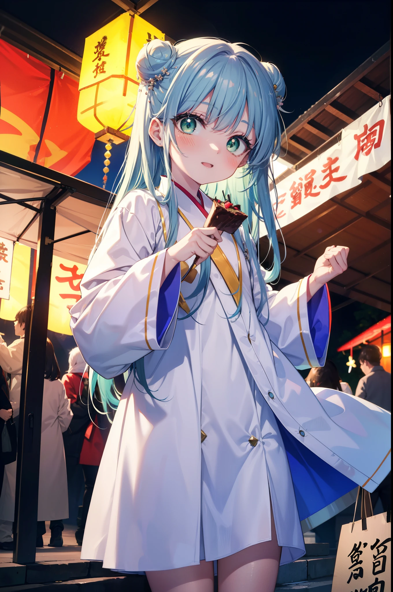 index, index, (Green Eyes:1.5), Blue Hair, Long Hair, (Flat Chest:1.2),smile,blush,Happy atmosphere,Open your mouth,Long Hair,Hair Bun, double  Hair Bun,White bathrobe,Long sleeve,mini skirt,Sandals,night空の花火,Fireworks display,Japanese Festivals,Summer festival food stalls,Red Lantern, night,whole bodyがイラストに入るように,Looking down from above,He is holding cotton candy in his right hand,
break outdoors, shrine,                                              break looking at viewer,whole body,(Cowboy Shot:1. 5)
break (masterpiece:1.2), highest quality, High resolution, unity 8k wallpaper, (shape:0.8), (Beautiful and beautiful eyes:1.6), Highly detailed face, Perfect lighting, Extremely detailed CG, (Perfect hands, Perfect Anatomy),