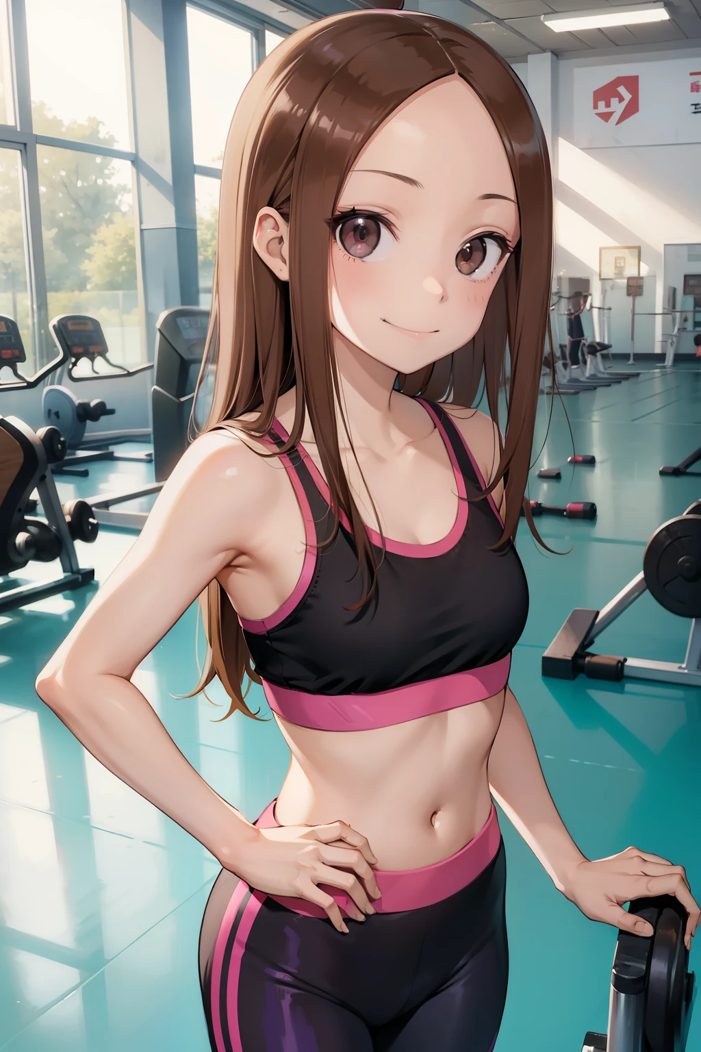 Takagi-san  ,solo 1girl,  smug smile,  long hair,  sport bra , gym ,purple leggings.  Standing pose .