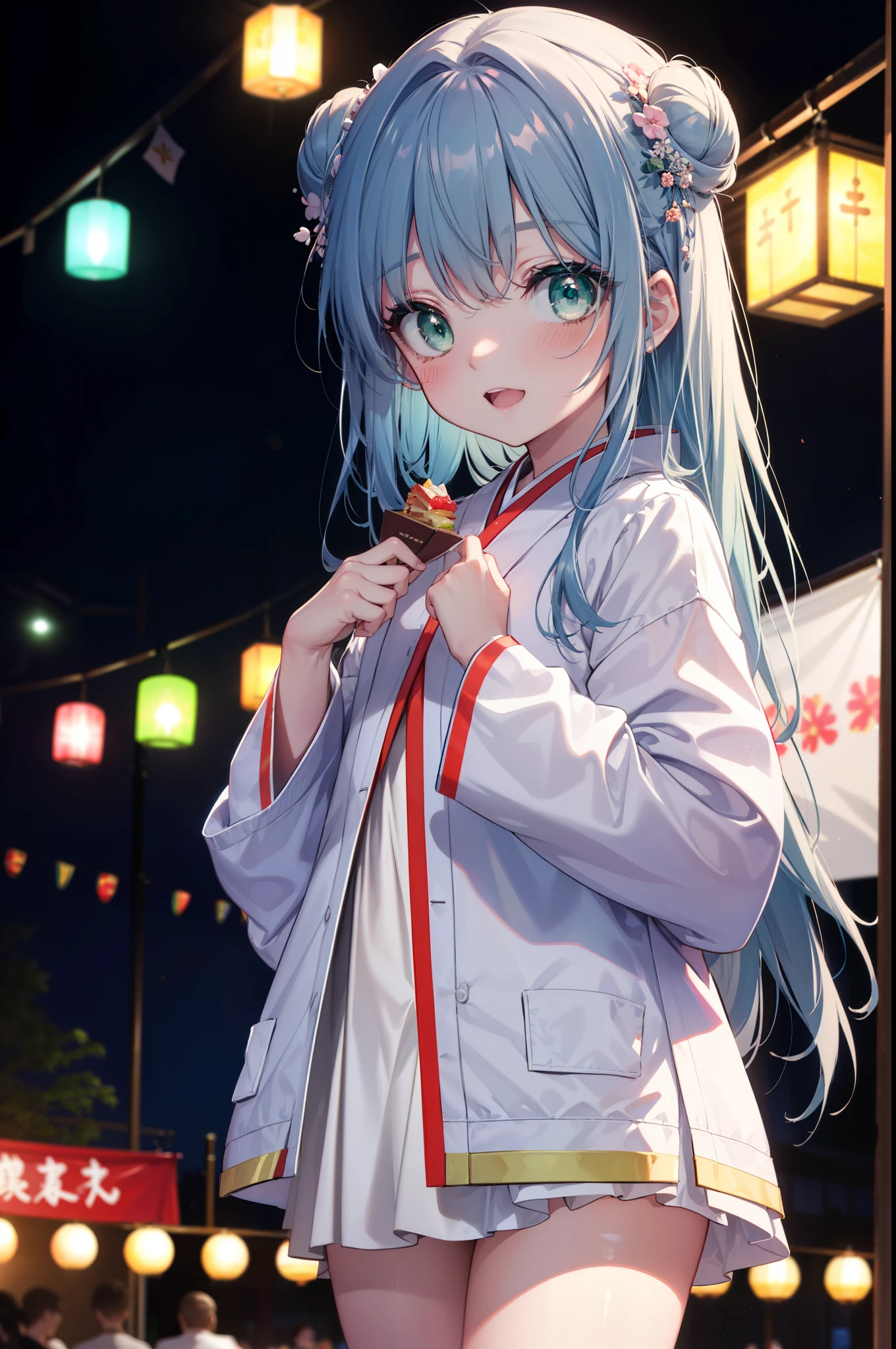 index, index, (Green Eyes:1.5), Blue Hair, Long Hair, (Flat Chest:1.2),smile,blush,Happy atmosphere,Open your mouth,Long Hair,Hair Bun, double  Hair Bun,White bathrobe,Long sleeve,mini skirt,Sandals,night空の花火,Fireworks display,Japanese Festivals,Summer festival food stalls,Red Lantern, night,whole bodyがイラストに入るように,Looking down from above,He is holding cotton candy in his right hand,
break outdoors, shrine,                                              break looking at viewer,whole body,(Cowboy Shot:1. 5)
break (masterpiece:1.2), highest quality, High resolution, unity 8k wallpaper, (shape:0.8), (Beautiful and beautiful eyes:1.6), Highly detailed face, Perfect lighting, Extremely detailed CG, (Perfect hands, Perfect Anatomy),