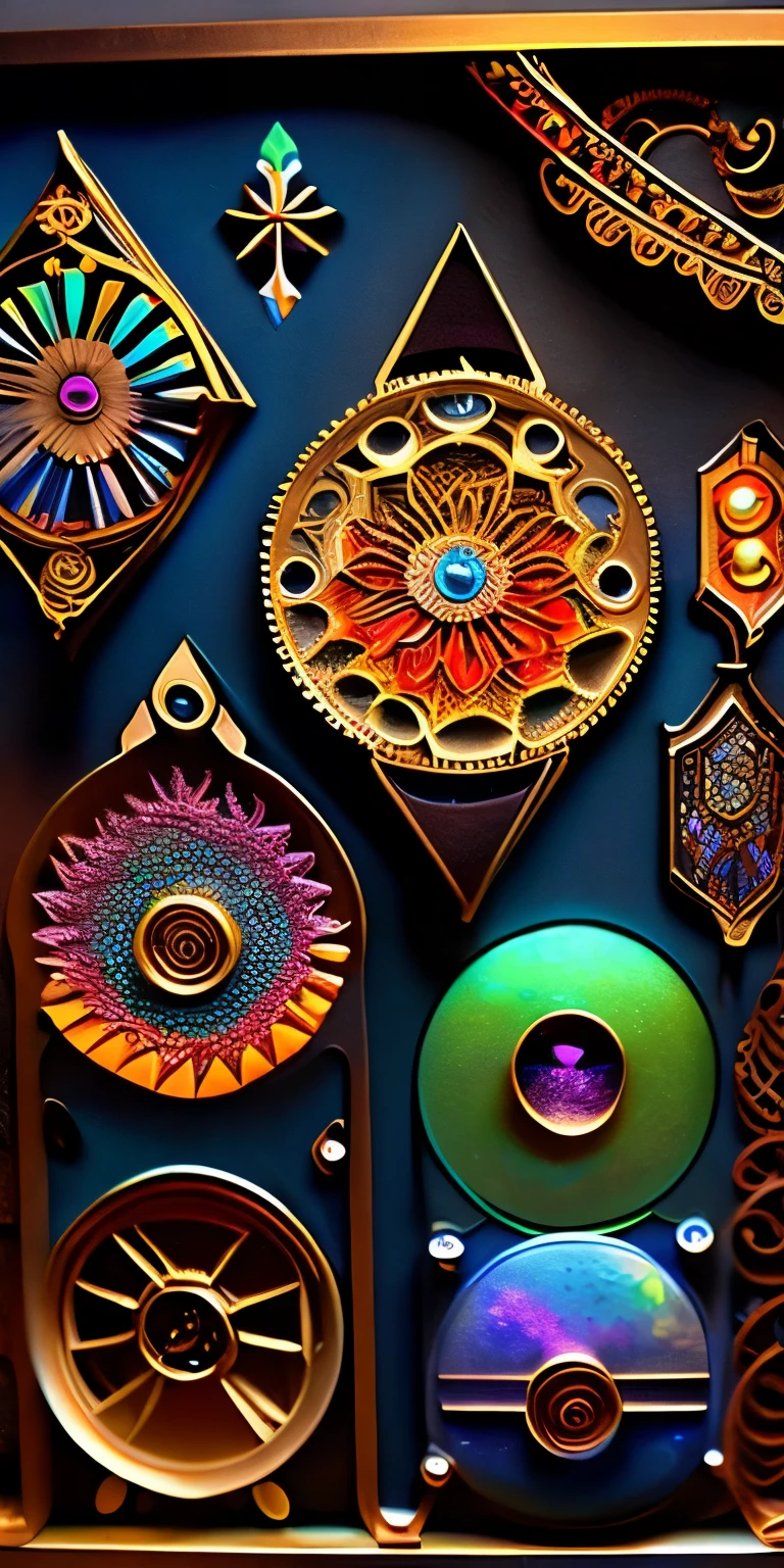 fusion of oil painting and watercolor painting, fusion of paper cutting and shadow puppetry, best quality, super fine, 16k, incredibly absurdres, extremely detailed, delicate and dynamic, contraption, circus, stained glass kaleidoscope made of jewels of various colors, with mechanical mechanisms, clockwork mechanisms, and gear mechanisms, iridescent neon colors, light-emitting diodes, timers, picture frame and background that mixes and fuses steampunk, dieselpunk, cyberpunk and clockpunk, various image effects, artwork