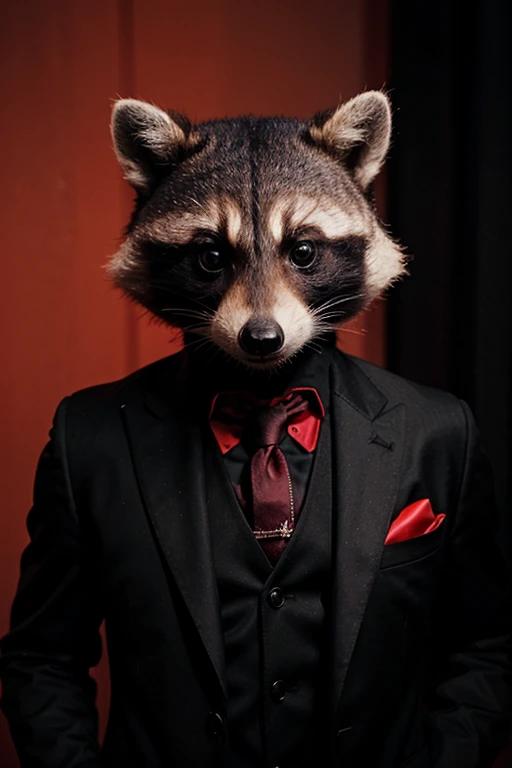 a raccoon in a black and red suit
