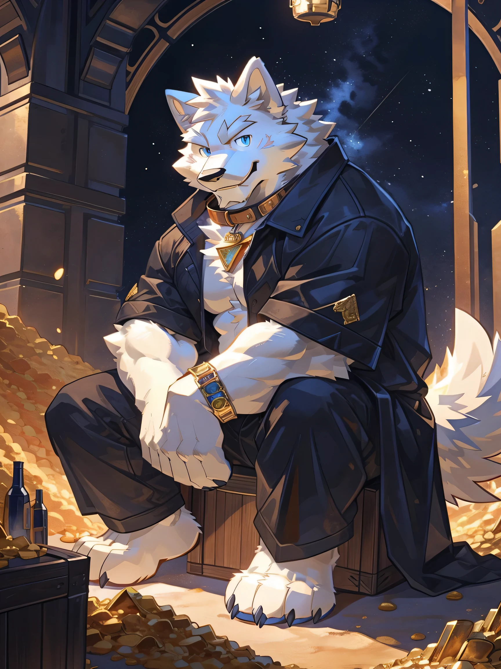 in the vault, Treasure, A snow wolf sitting in a treasure chest, ((All white fur:1.5)), Solitary, Perfect sky blue eyes, collar, (artist:Takemoto Arashi), Mature face, Elders, Naughty face, flashing, Long eyelashes, (Reach out:1.5), (sharp detailed face), Wearing a long black windbreaker|Black pants, Gold under your feet, doyagao, Surrounded by gold and jewels, Evil smile, barefoot, from the side, Tonality, Tai Chi E, best quality, Ultra HD, Super Detail, High Detail